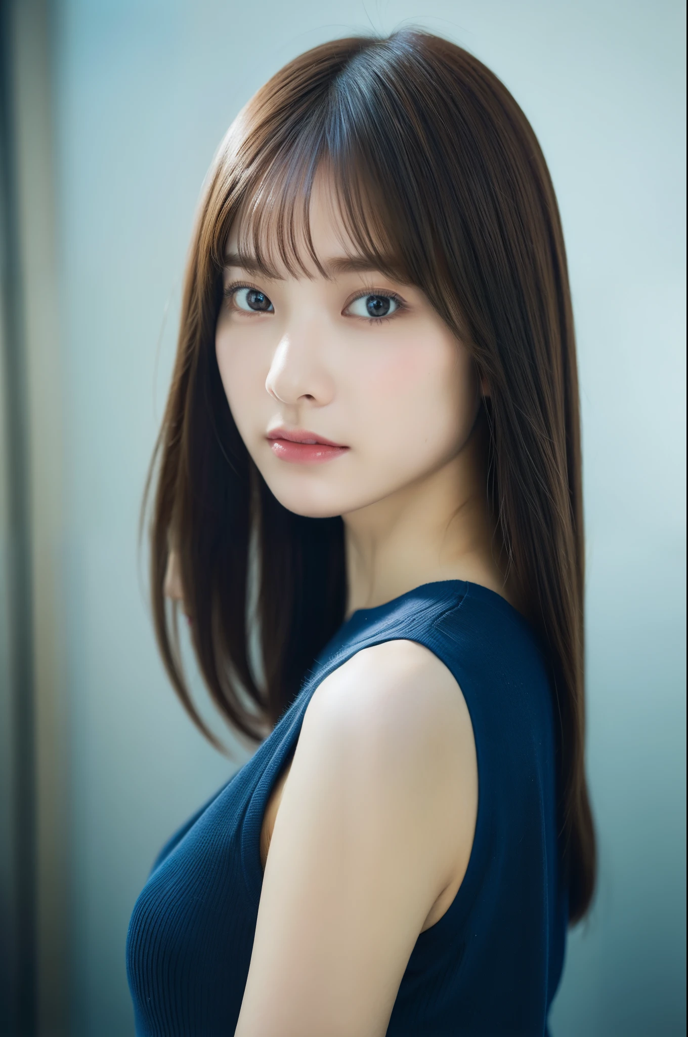 random posture、mix 4、(In 8K、RAW photo、highest quality、masterpiece:1.2)、Inner mesh, blue hair, , Japan band gal style, Flowing brown hair, rich brown, Close ~ eyes、(Room)one girl、professional lighting、(masterpiece)、(elaborate CG)highest qualityの写真, High resolution, 1080P, (clean face), (Detailed facial description), (detailed description of hands)、(masterpiece)、(elaborate CG)、extreme light and shadow、messy hair、master's work、Rich details、(detailed facial features)、(highest qualityの写真)、(masterpiece)、(detailed eye)、look in front of you、from behind,(Bright studio on background)