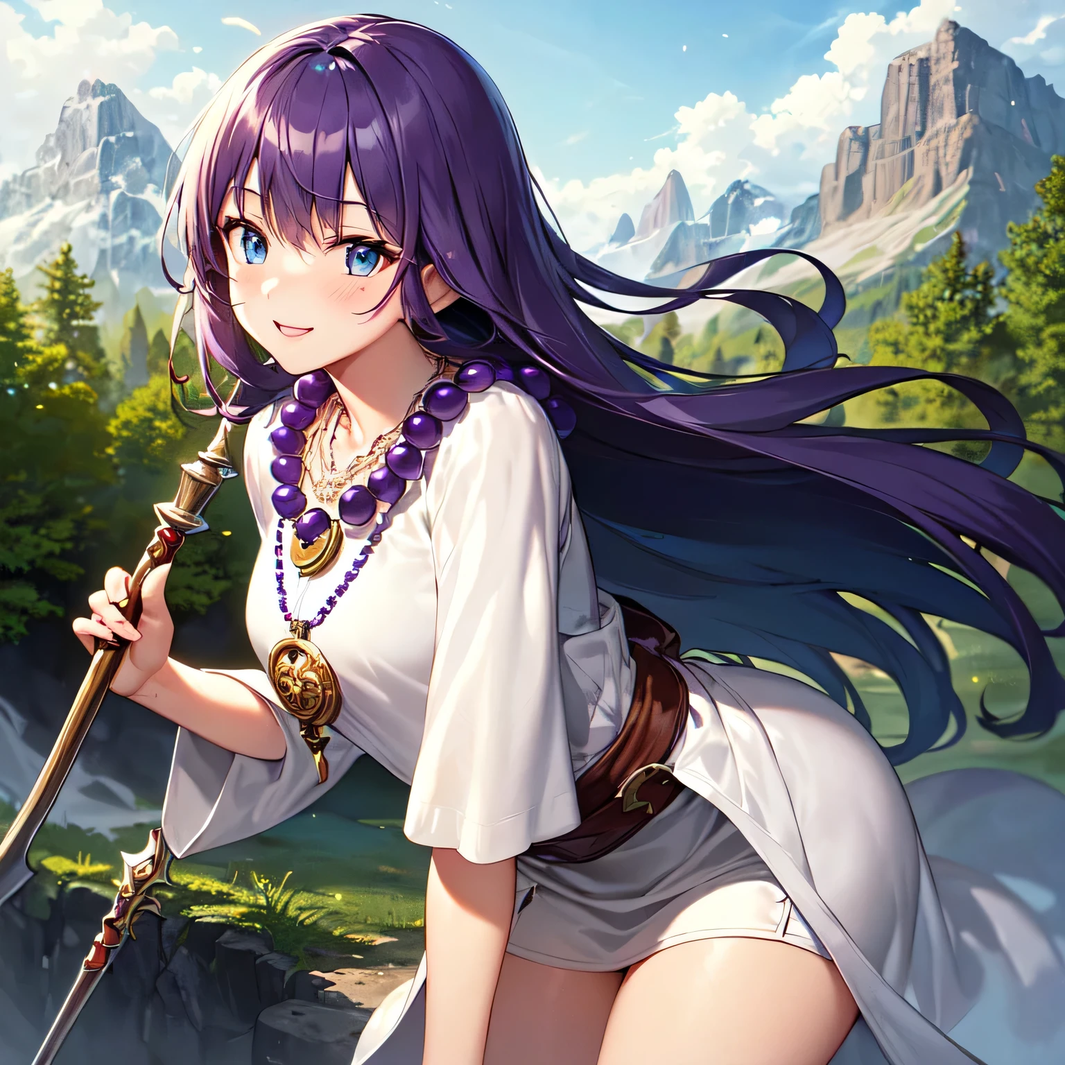 ((masterpiece)), ((highest quality)), (super detailed), ((cute)), cute, (Lovely), ((very detailed)), (fine eyes), (detailed facial features), (finger details), (Detailed clothing characteristics), 4K, (8K), (beautiful), figure, cowboy shot, (leaning forward:1.3), forest, ((Mountain)), daytime, a cute girl, 1 girl, alone, Japanese, ((white mage clothes:1.3)), (Mage Dress:1.3), flat chest, (beautiful purple hair:1.3), ((beautiful hair)), (long hair), (windblown hair:1.4), beautiful blue eyes, ((beautiful eyes)), (Bib Necklace:1.4), smile, blush, shiny