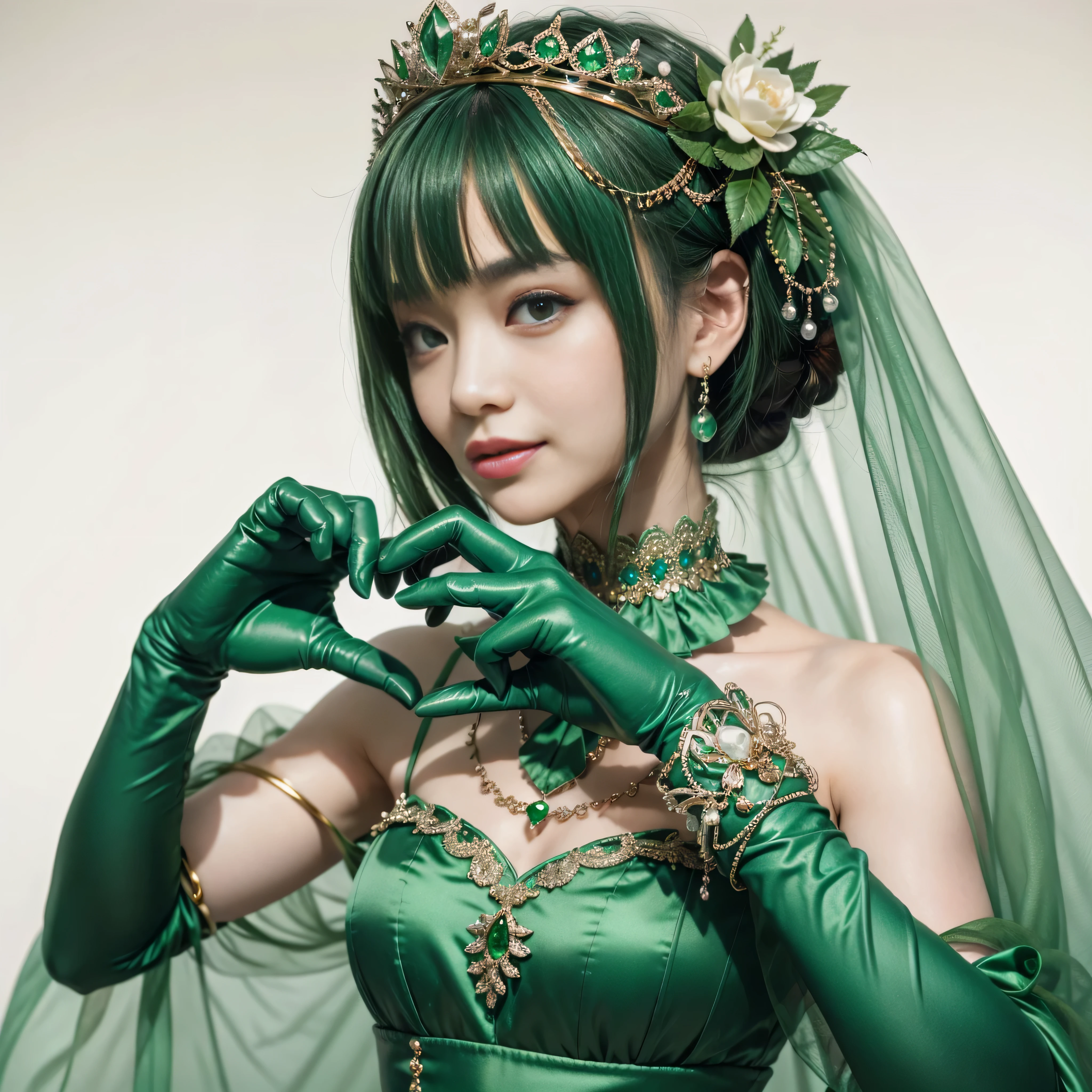 emerald tiara, green pearl necklace, ボーイッシュな非常に短いgreen hair, lipstick, smiling Japanese woman, very short hair, Beauty with large breasts, green eyes, Long Green Satin Gloves, green eyes, emerald earrings, green veil, heart with both hands, green hair, beautiful japanese woman, heart shaped hand:1.3, green lip gloss