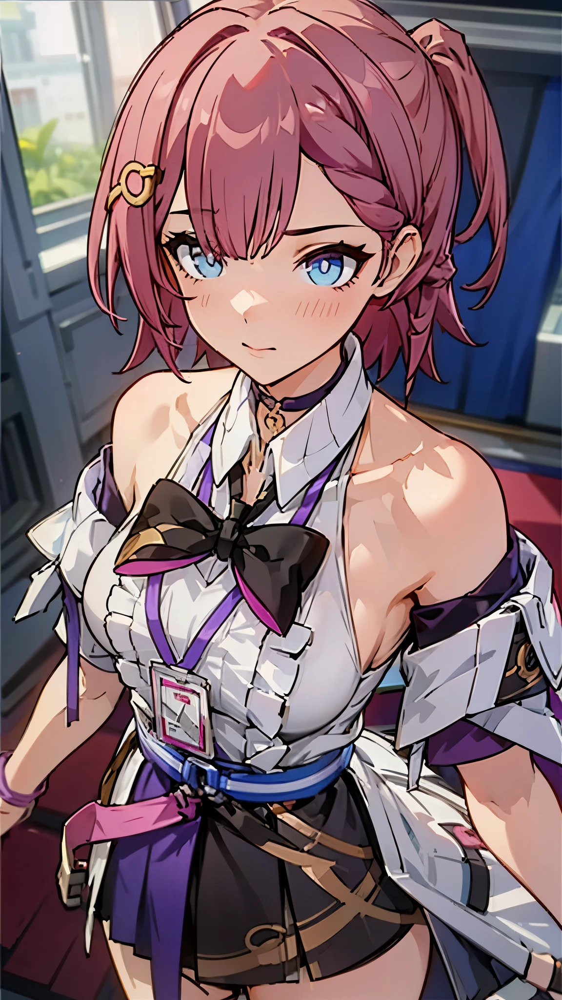 1girl, asta from honkai star rail, pink short hair, short ponyside hair, blue eyes, wearing her outfit, doing daily activities, indoor, very detailed background, many furnitures, masterpiece, highres, ultrahd, seducing, side , panties