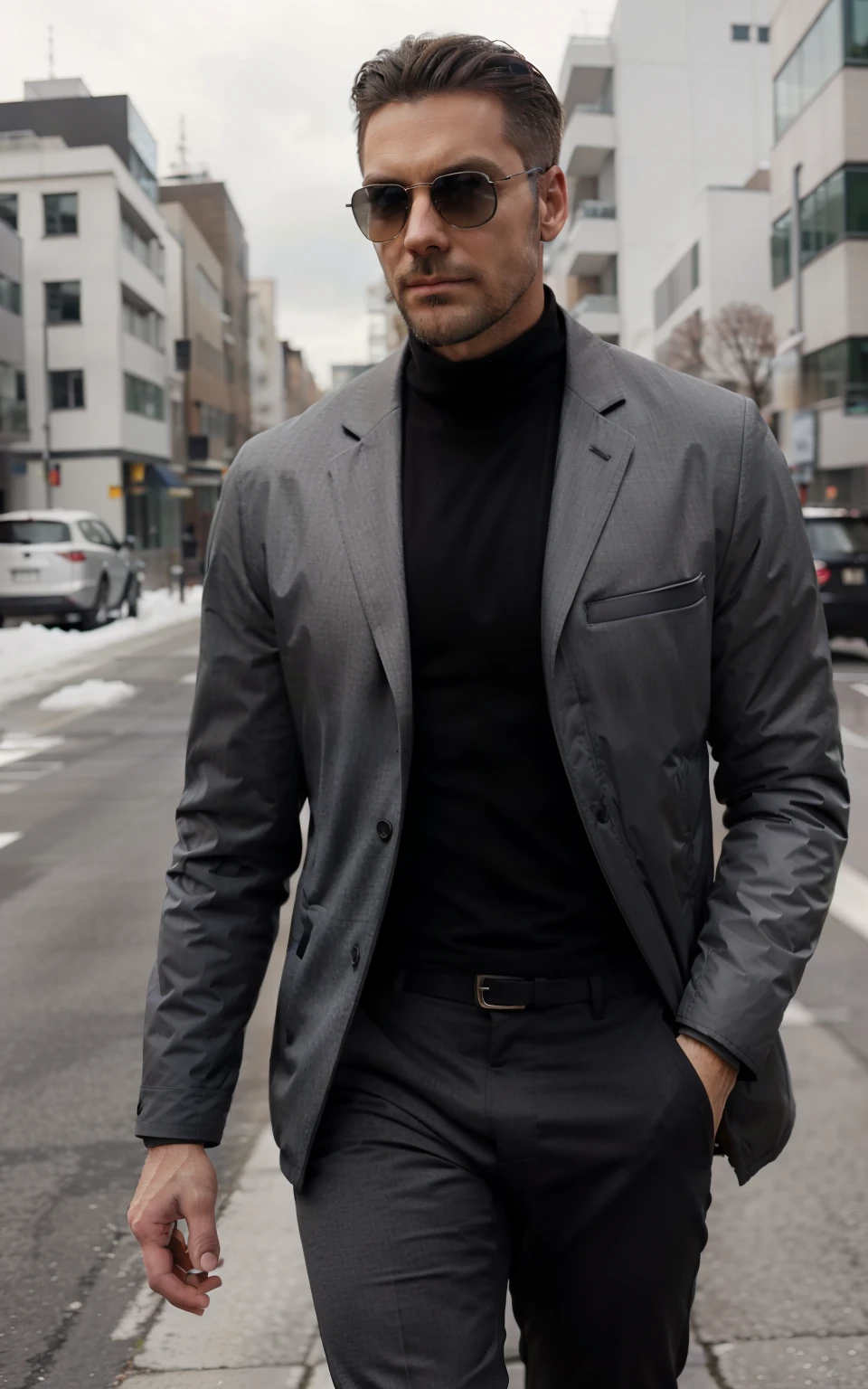 A tall male mode dressed in a grey winter jacket that's slightly opened from from the top revealing his black tight shirt and black pants. He's looking back at the camera while walking away and putting on his sun glasses. He has a well trimmed beard and stylishly cut hair.