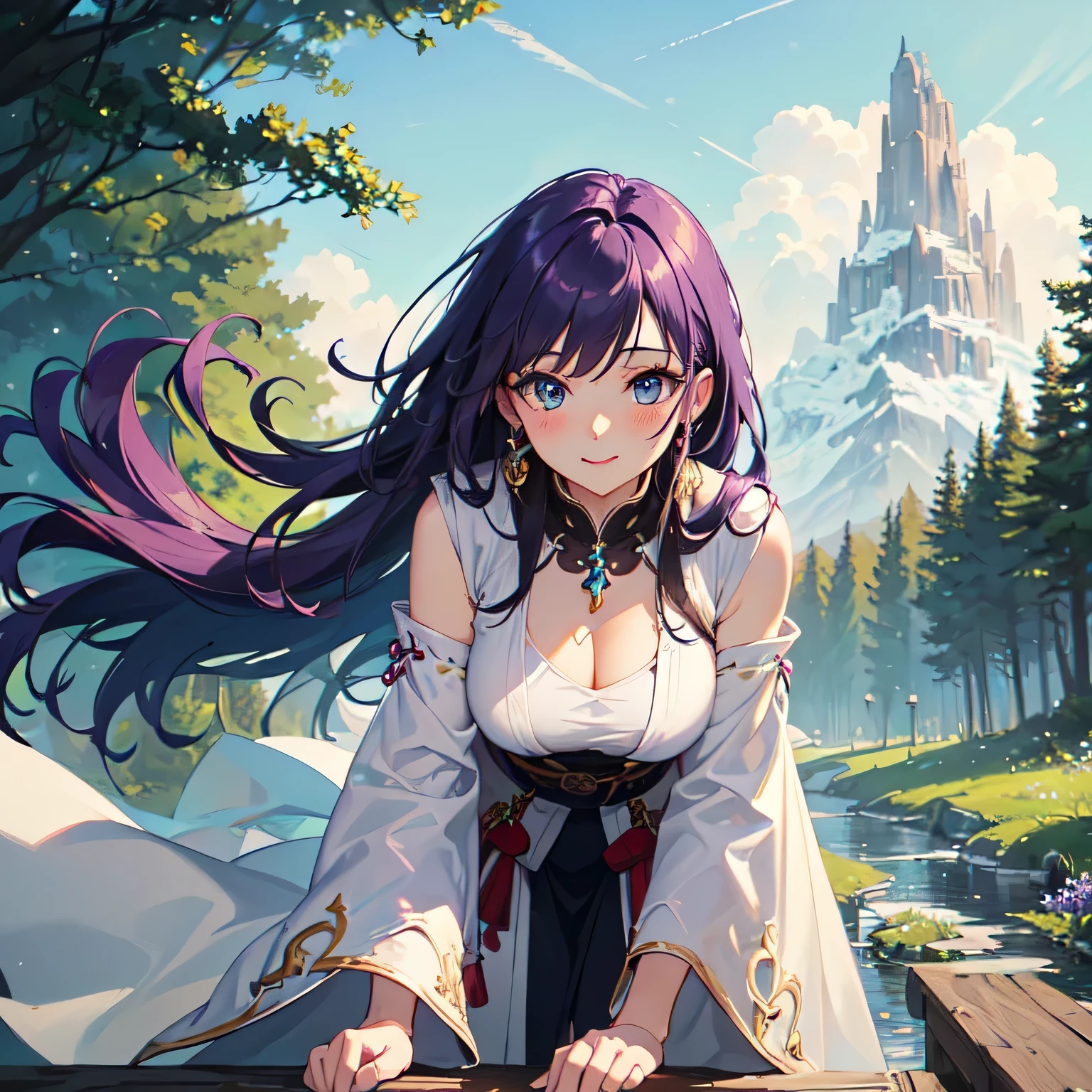 ((masterpiece)), ((highest quality)), (super detailed), ((cute)), cute, (Lovely), ((very detailed)), (fine eyes), (detailed facial features), (finger details), (Detailed clothing characteristics), 4K, (8K), (beautiful), figure, cowboy shot, (leaning forward:1.3), daytime, a cute girl, 1 girl, alone, Japanese, ((white mage clothes:1.3)), (Mage Dress:1.3), (beautiful purple hair:1.3), ((beautiful hair)), (long hair), (windblown hair:1.4), beautiful blue eyes, ((beautiful eyes)), (Bib Necklace), smile, village, Mysterious Forest, ((Mountain)), blush, shiny