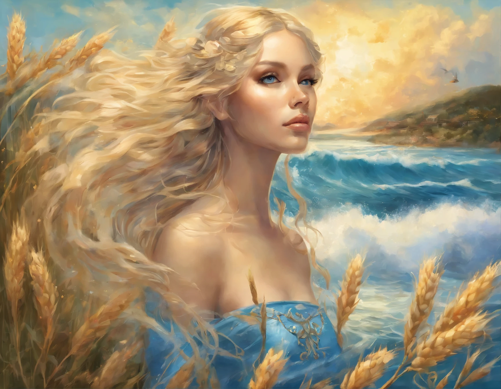 (Masterpiece, Top Quality, Highly Detailed, Realistic), surreal art, oil painting, perfect composition, masterpiece, best quality, painting of a young 25-year-old woman, ((Extremely beautiful face, Beautiful lips, Beautiful eyes:1.4)), intricate detailed face, Her delicate features are highlighted by beautifully detailed eyes and lips, adding a touch of enchantment to her appearance,full body portrait, expressive pose, ((she is standing on a surfboard, turning turning back, with her ass to us)), surfing on wheatfield waves, ((ethnic drawing on the surfboard)),bare footed, ((dressed in a blue sports shirt and a wet white mini skirt:1.3)), ((long blonde wave hair:1.5)), her hair is wavy and embellished with natural flower accessories, blue sky, golden wheat field, it looks like corn ears waves, some fishes jumping out of the wheat, The medium used to depict this scene is a combination of vivid colors, capturing the ethereal essence of the fairy. The artwork showcases ultra-detailed elements, with an emphasis on realistic and photorealistic rendering techniques. The high-quality image is characterized by its sharp focus and exquisite attention to detail. The use of studio lighting further enhances the visual impact, creating a dreamlike atmosphere. A country scene in background, surrealist art, surrealist artwork, surrealist oil painting, surrealist scene, masterpiece