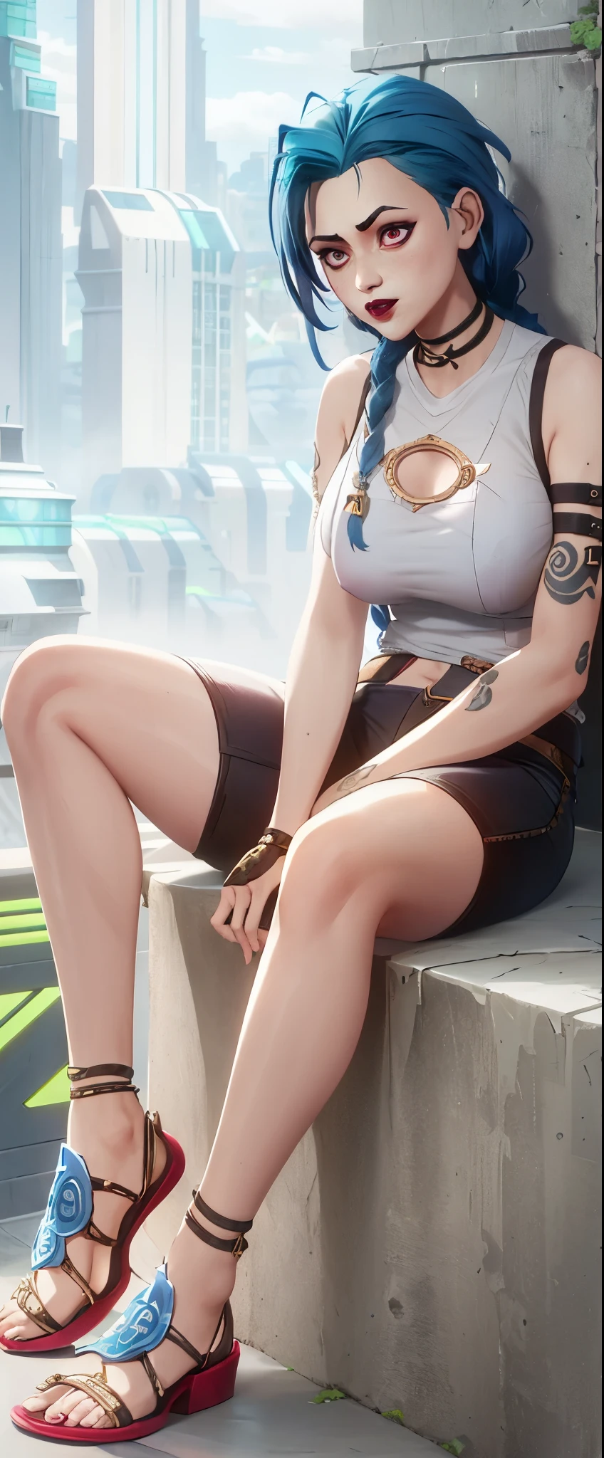 1 girl, arm tattoo, asymmetrical Bangs, Bangs, blue hair, braid, brown shirt, cloud tattoo, looking at the audience, lol, crazy, 无法控制的lol声, crazy样子, night, City, green hair, long hair, diaphragm, pink eyes, red lips, shirt, alone, permanent, tattoo, twin braids, Upper body, arcane doom, doom \(League of Legends\)