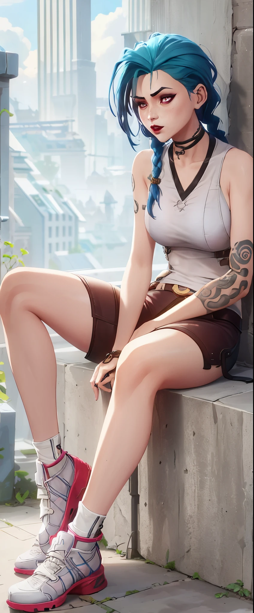 blonde hair, hair bun, braid, red eyes, anatomically correct, solo, shoes, rock, falling petals, tree, flower, reflective water, sweating, fog, muscular female, looking at viewer, sitting, sneakers, long_hair, bike_shorts, closed_eyes, socks, tank_top, realistic, shorts, black_shorts, tifa_lockhart, breasts, lips, nose, hollow eyes, red eyes, lips, cheek, expressionless, glaring eyes, upper teeth, "RAW candid cinema, 16mm, color graded portra 400 film, remarkable color, ultra realistic, textured skin, remarkable detailed pupils, realistic dull skin noise, visible skin detail, skin fuzz, dry skin, shot with cinematic camera"