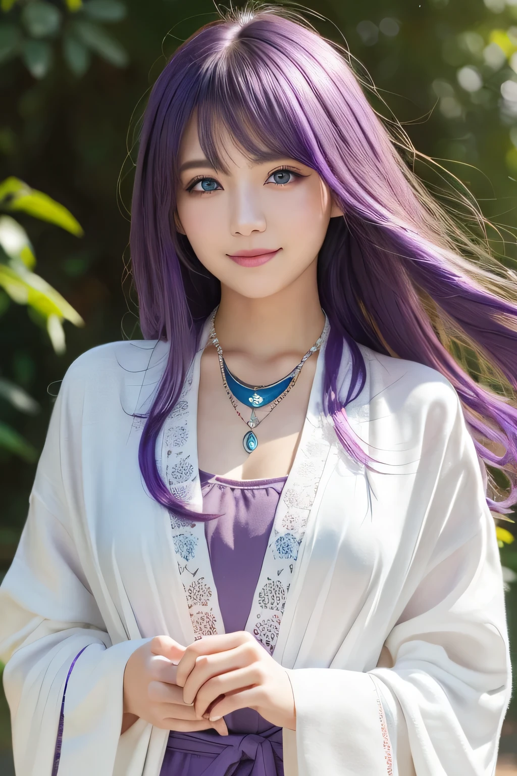 ((masterpiece)), ((highest quality)), (super detailed), ((cute)), cute, (Lovely), ((very detailed)), (fine eyes), (detailed facial features), (finger details), (Detailed clothing characteristics), 4K, (8K), (beautiful), figure, cowboy shot, (leaning forward:1.3), forest, ((Mountain)), daytime, a cute girl, 1 girl, alone, Japanese, ((white mage clothes:1.3)), (Mage Dress:1.3), flat chest, (beautiful purple hair:1.3), ((beautiful hair)), (long hair), (windblown hair:1.4), beautiful blue eyes, ((beautiful eyes)), (Bib Necklace:1.4), smile, blush, shiny