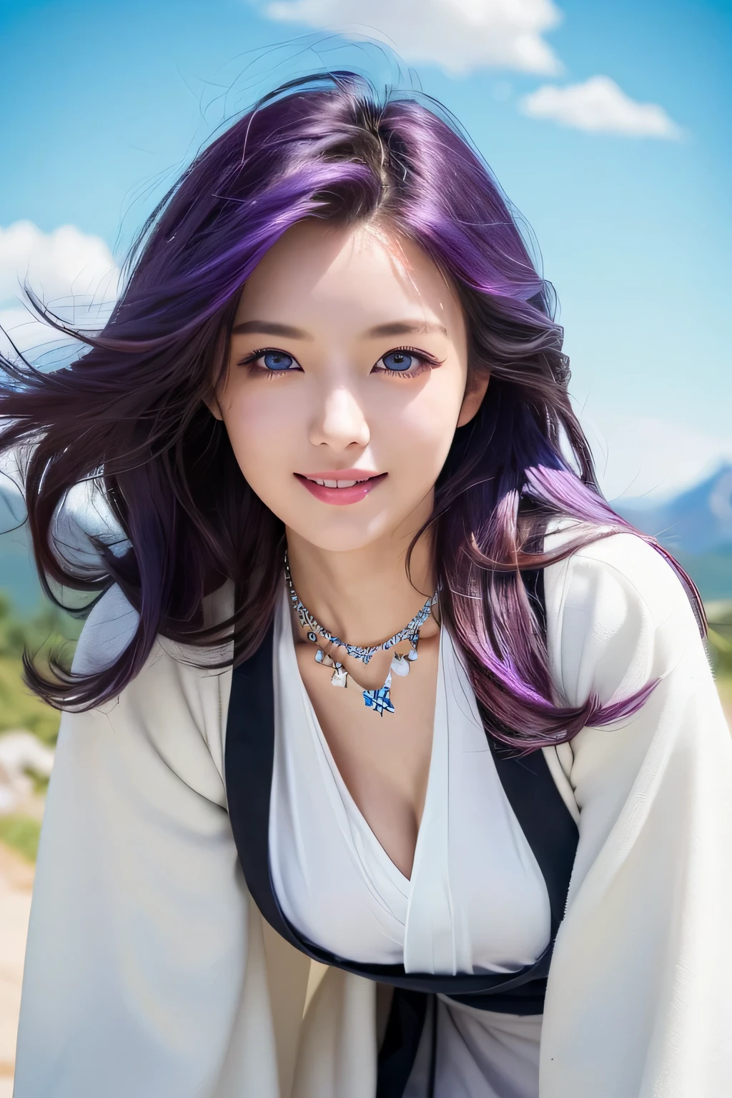 ((masterpiece)), ((highest quality)), (super detailed), ((cute)), cute, (Lovely), ((very detailed)), (fine eyes), (detailed facial features), (finger details), (Detailed clothing characteristics), 4K, (8K), (beautiful), figure, cowboy shot, (leaning forward:1.3), forest, ((Mountain)), daytime, a cute girl, 1 girl, alone, Japanese, ((white mage clothes:1.3)), (Mage Dress:1.3), flat chest, (beautiful purple hair:1.3), ((beautiful hair)), (long hair), (windblown hair:1.4), beautiful blue eyes, ((beautiful eyes)), (Bib Necklace:1.4), smile, blush, shiny
