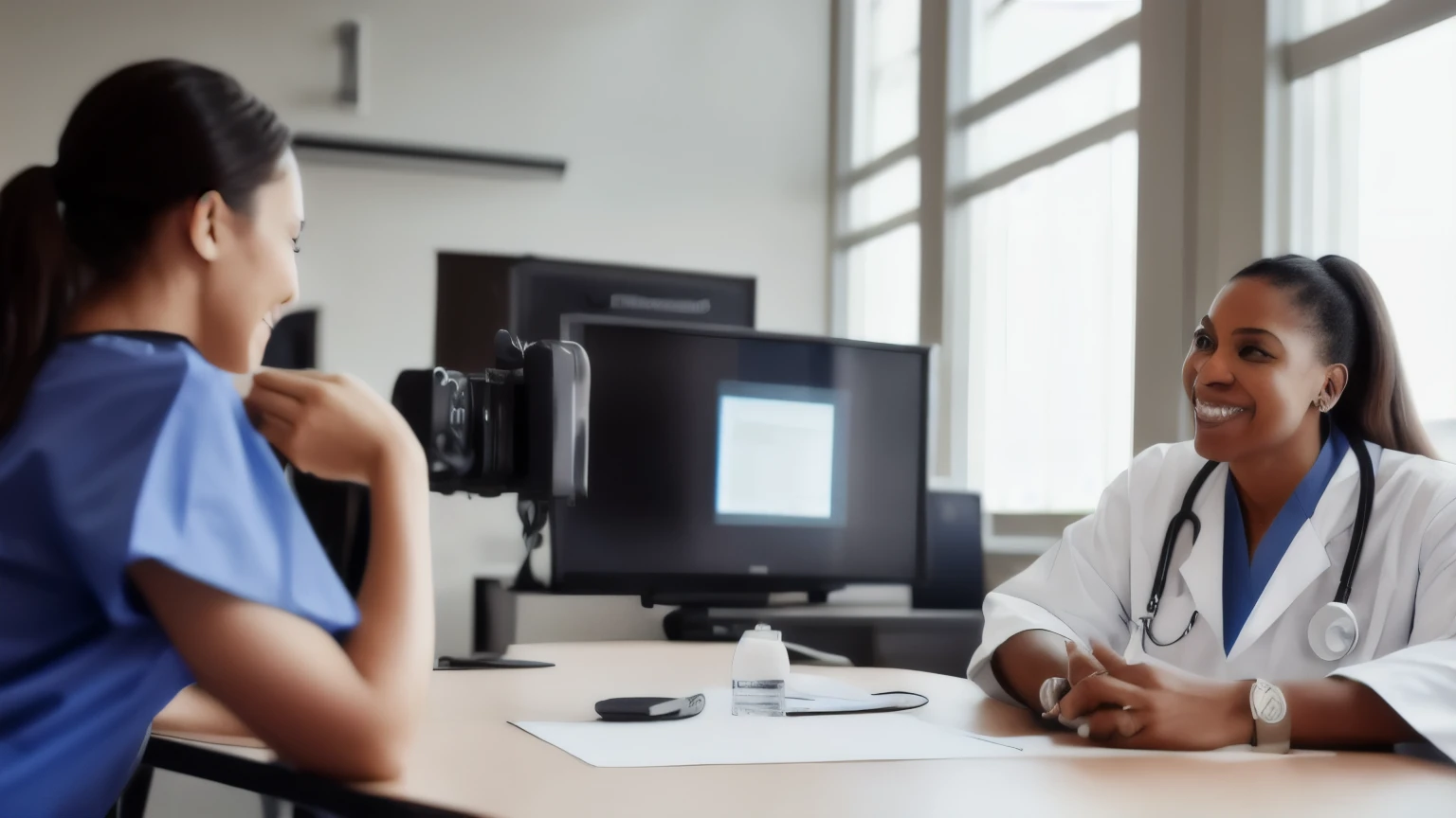 hyper ultra realistic photographs full body of Smile, black woman or doctor consulting a patient in meeting in hospital for healthcare feedback or support. Happy, medical or nurse with a mature person talking or speaking of test results or advice ratio 16:9, 4k, 8k resolution, High quality photo, high detailed, imagesharp focus, Cinematic lighting,hyperdetailed & Unreal engine, detail, realism, photography,cinematography, camera NIKON, lens NIKKOR flagship, masterpiece. hyper-maximalism, ultradetailed photorealistic, light skin imperfections, final render, vray, photo, fashion