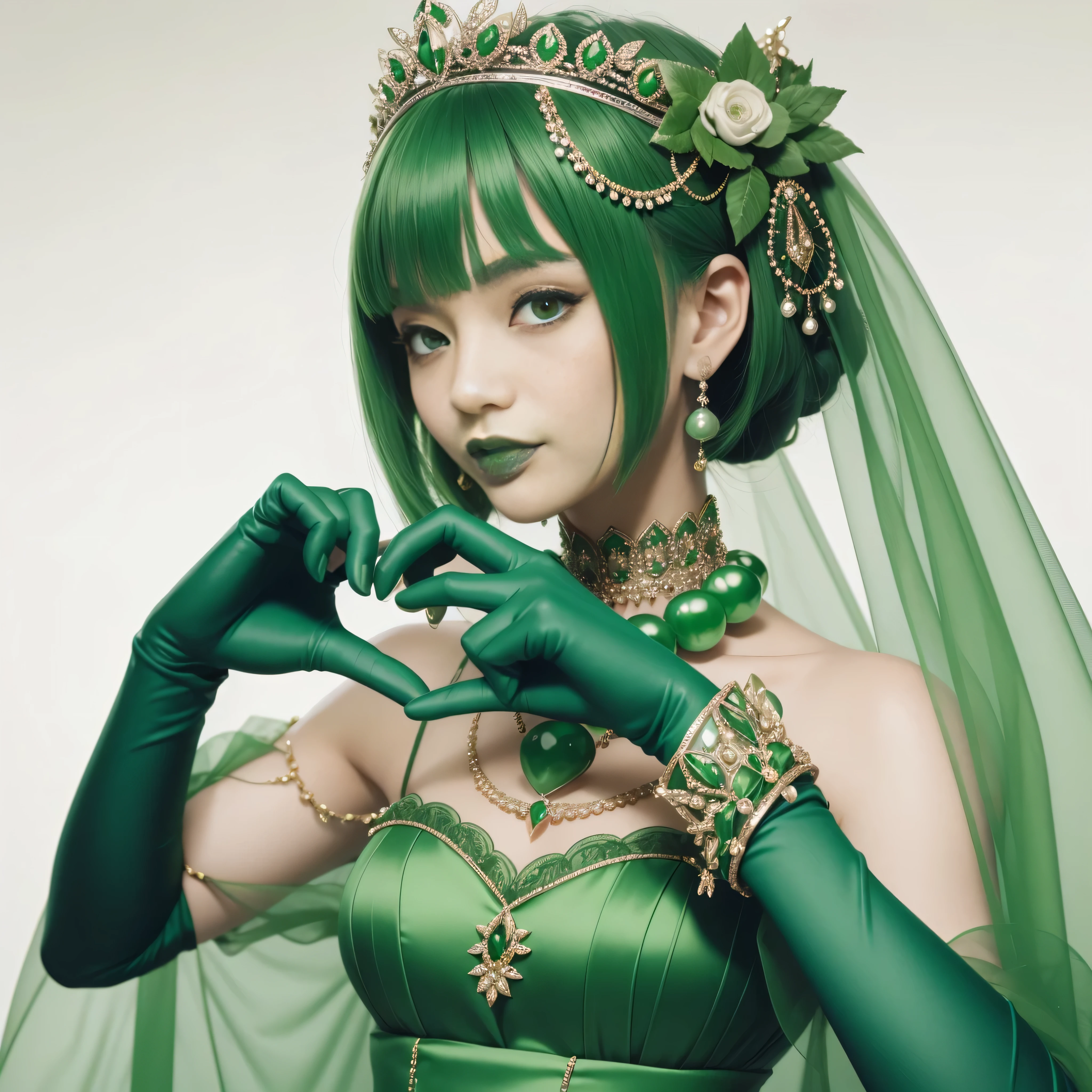 emerald tiara, green pearl necklace, ボーイッシュな非常に短いgreen hair, lipstick, smiling Japanese woman, very short hair, Beauty with large breasts, green eyes, Long Green Satin Gloves, green eyes, emerald earrings, green veil, heart with both hands, green hair, beautiful japanese woman, heart shaped hand:1.3, green lip gloss