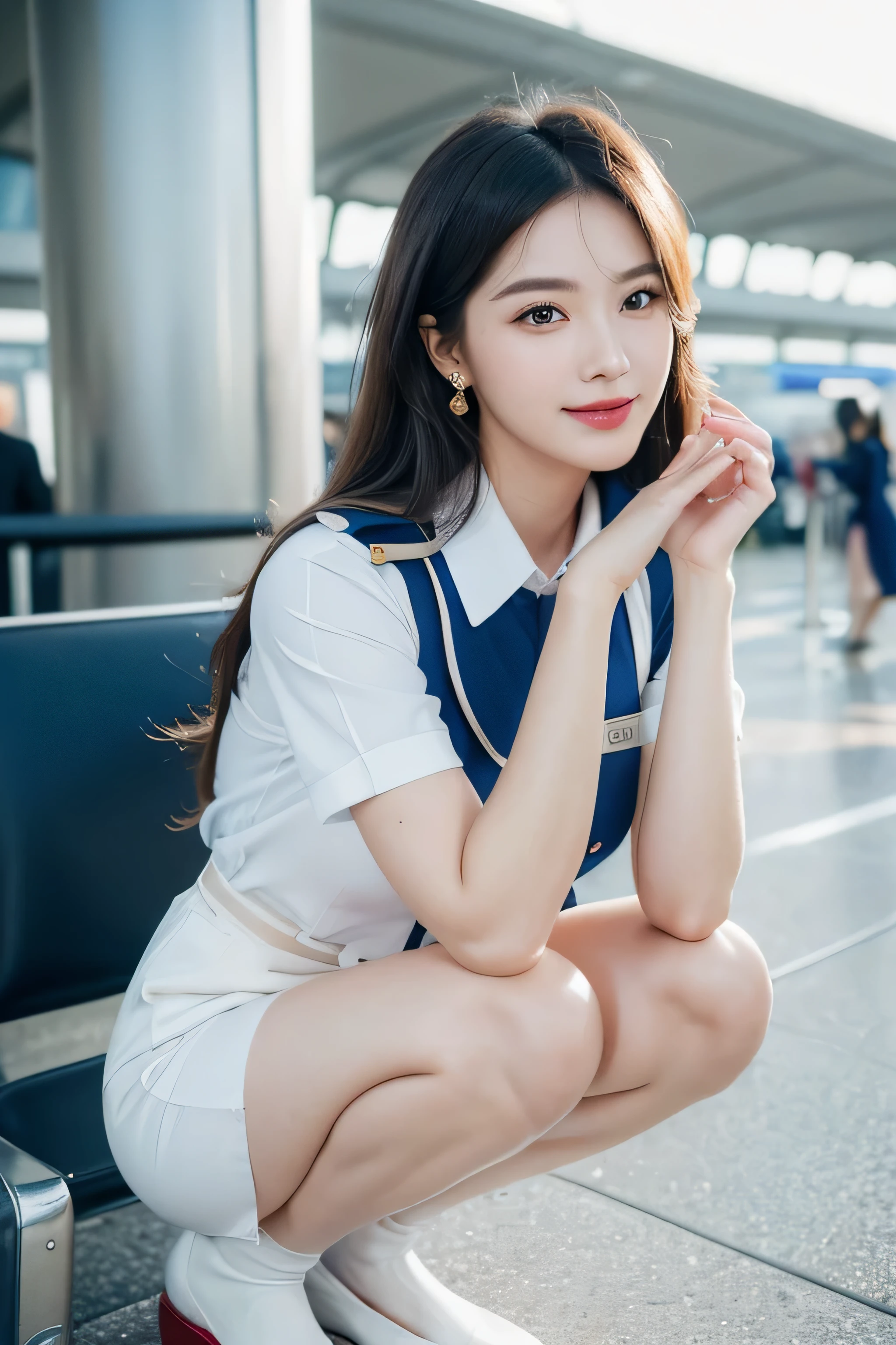 (masterpiece:1.2),(8K high resolution), (highest quality), (RAW image quality), (realistic), (realistic:1.37),long eyelashes,(Live-action realistic style),realistic light and shadow,clear facial features,,Fair skin,best portrait, 1-Girl,highly detailed skin,(Beautiful face with double eyelids), (realism: 1.4),((full body image)) ,delicate and beautiful face,,woman around 30 years old,(beautiful face 1.4),straight hair length,,(lipstick,beautiful earrings),((Taken at the airport)),(stewardess uniform,)),(Stewardess in uniform),,(3/4 length),Shoot head-on,,Close-range shooting,((squat in the airport,Show your panties)),,(((Look at the audience and smile),、((Wearing a stewardess uniform)),(smile without opening your mouth),(Squat down),((Crouch in front of the viewer)),squat with legs apart,Crouching in front of the viewer,You can see the white panties,Open your legs to show your crotch