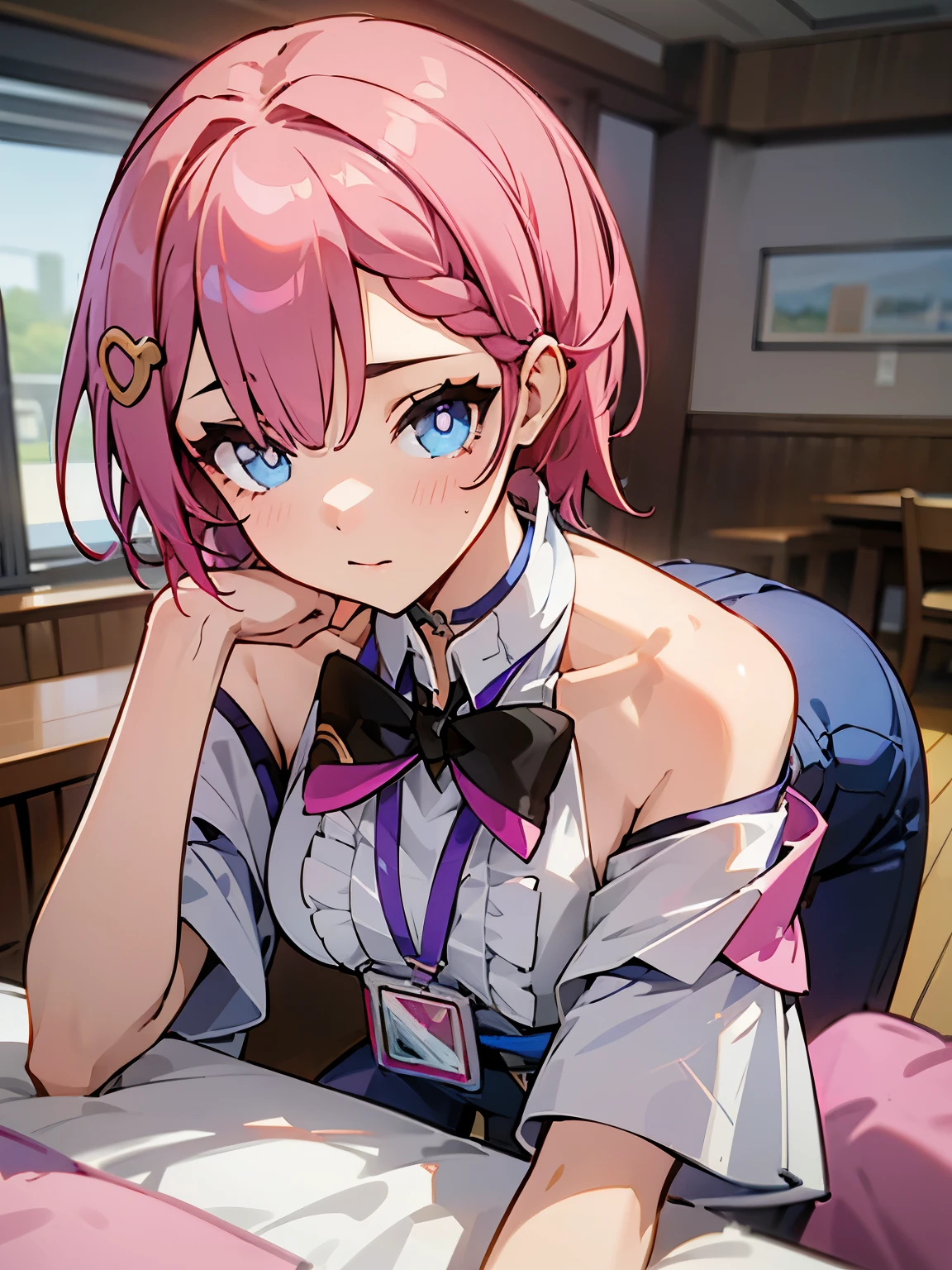 1girl, asta from honkai star rail, pink short hair, short ponyside hair, blue eyes, wearing her outfit, doing daily activities, indoor, very detailed background, many furnitures, masterpiece, highres, ultrahd,