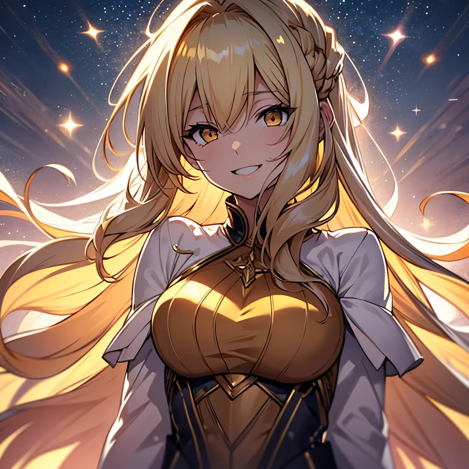 girl, Flowing golden blonde hair, yellow eyes, Golden Imperial Costume, neckline, anime, The background is a clear sky with twinkling lights, dynamic angle, Arrogant laughter