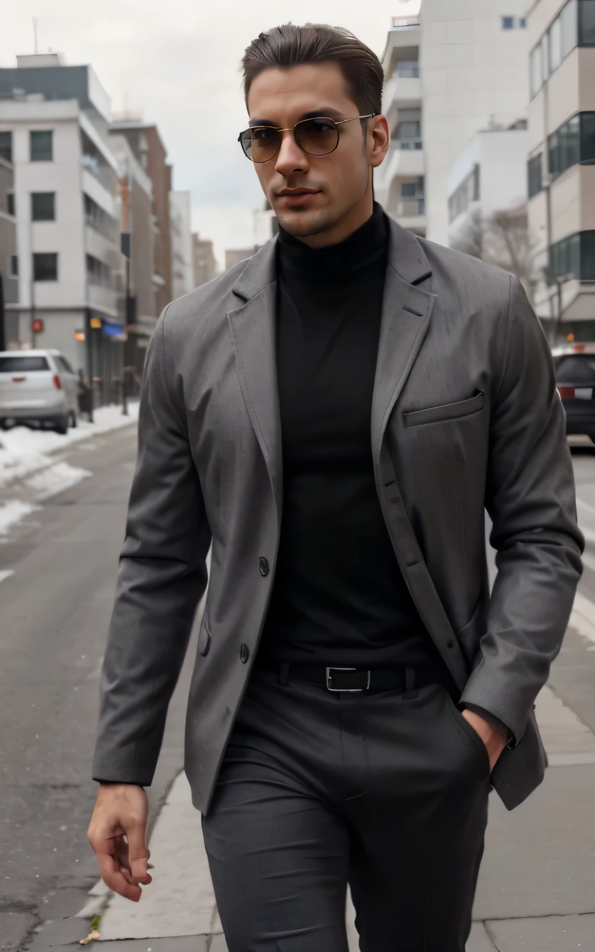 A tall male mode dressed in a grey winter jacket that's slightly opened from from the top revealing his black tight shirt and black pants. He's looking back at the camera while walking away and putting on his sun glasses. He has a well trimmed beard and stylishly cut hair.