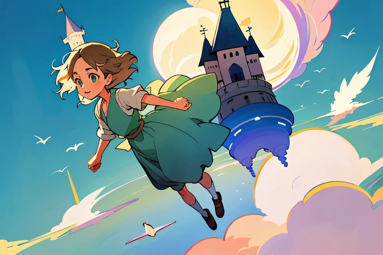 Ghibli、castle in the sky、girl and boy flying in the sky、castle floating in the sky