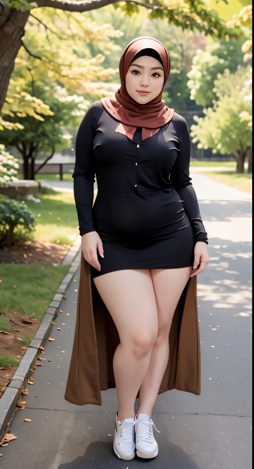 there is a woman random poses with a longest brown and red hijab, bbwchan, thicc, brown hijab outfit, brown hijab fashion model, korean girl, korean woman, wearing brown robe, full length shot, alluring plus sized model, japanese goddess, clothed in hooded, voluptuous and arousing, portrait shot, curvy model, voluptuous body, wonderful, nene tanaka body , bbwchan, The overall atmosphere is smooth , haunting illustrations, extremely high-resolution details, photographic, realism pushed to extreme, fine texture, 4k, ultra-detailed, high quality, high contrast, red Color sneakers, naked, open leg, cum ,cream pie at the vagina