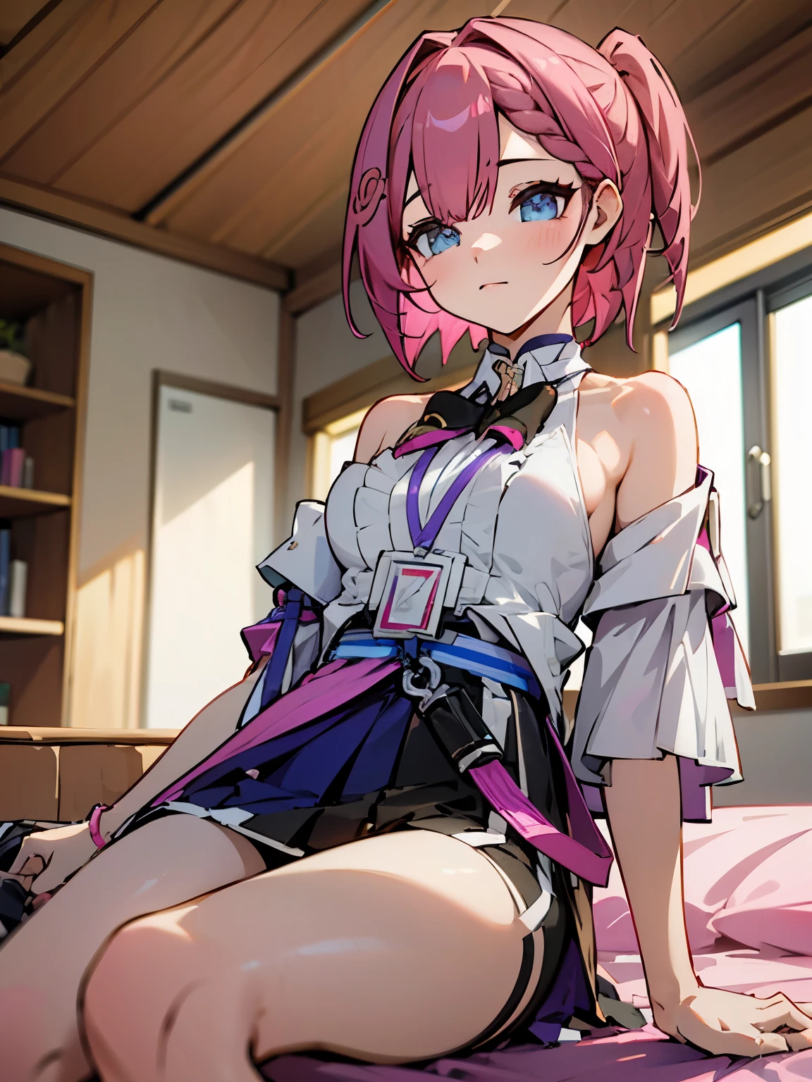 1girl, asta from honkai star rail, pink short hair, short ponyside hair, blue eyes, wearing her outfit, doing daily activities, indoor, very detailed background, many furnitures, masterpiece, highres, ultrahd, seducinh, SFW