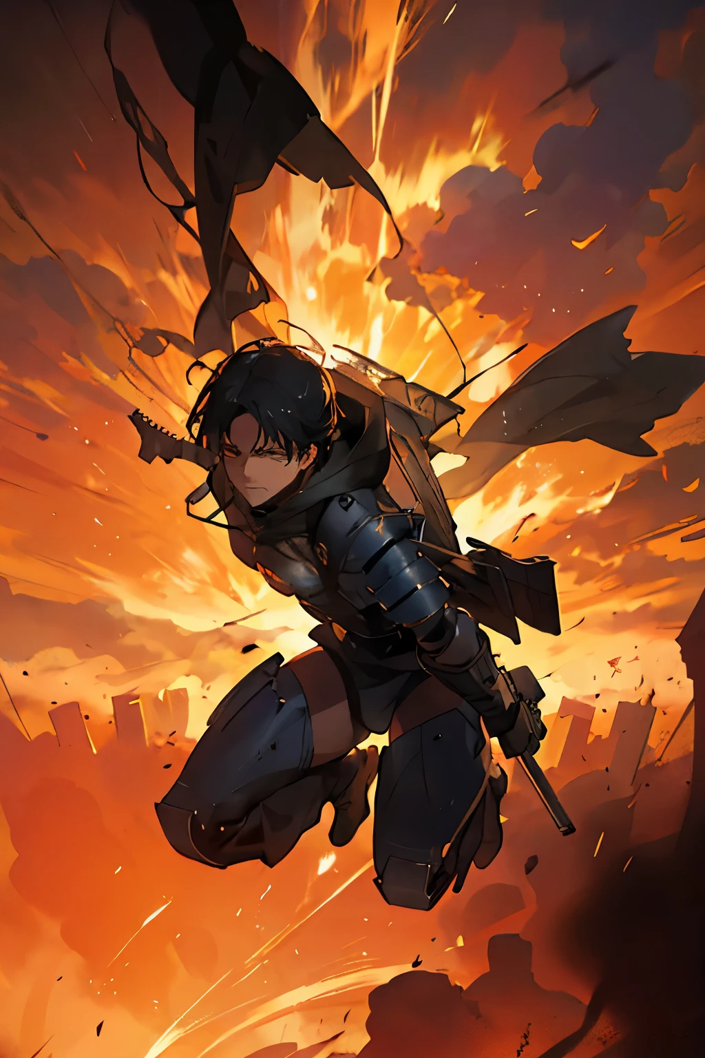 attack on titan,リヴァイ兵長,バトル,best quality,ultra-detailed,realistic:1.37,anime,action-packed,suspenseful, intense, dark, battleepic, dramatic, aerial combat, colossal titans, skilled soldiers, powerful strikes, vertical maneuvering equipment, dynamic poses, intense facial expressions, fast-paced, high energy, intense lighting, dramatic shadows, smoke and debrisbroken buildings, immersive environment, determined and fearless characters, intense emotions, thundering soundtrack, intense color palette, immense scale,