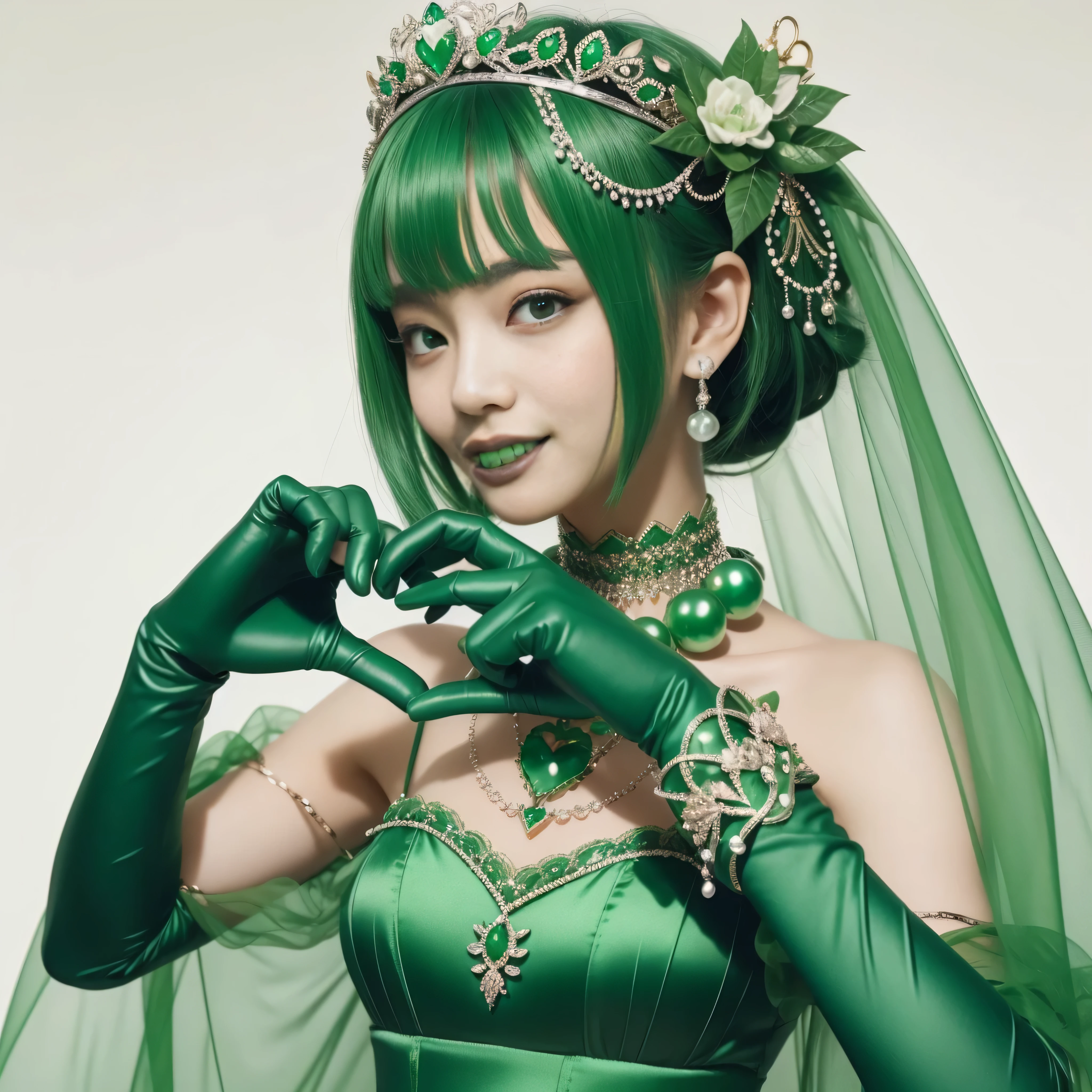 emerald tiara, green pearl necklace, ボーイッシュな非常に短いgreen hair, lipstick, smiling Japanese woman, very short hair, Beauty with large breasts, green eyes, Long Green Satin Gloves, green eyes, emerald earrings, green veil, heart with both hands, green hair, beautiful japanese woman, heart shaped hand:1.3, green lip gloss