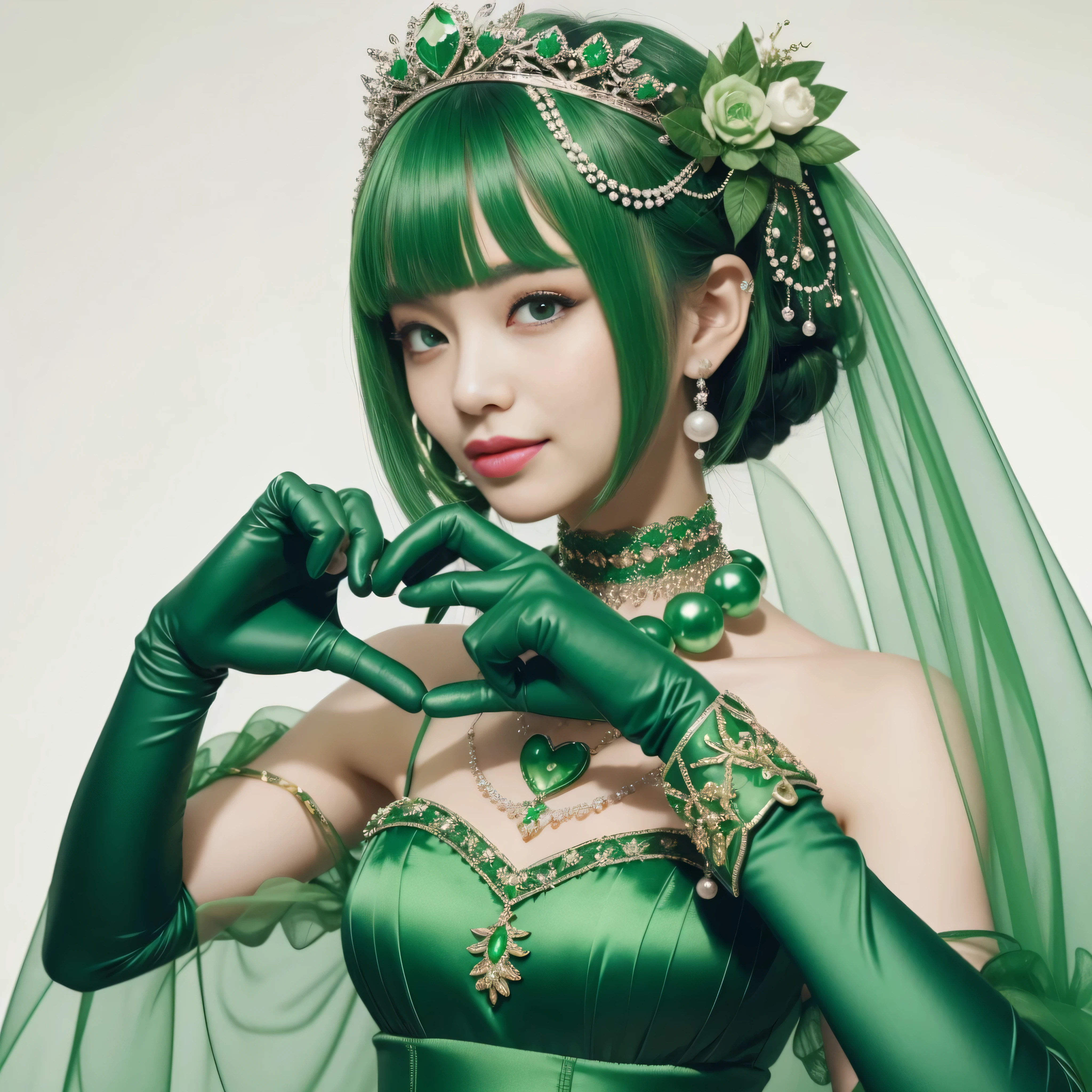 emerald tiara, green pearl necklace, ボーイッシュな非常に短いgreen hair, lipstick, smiling Japanese woman, very short hair,  Beauty with large breasts, green eyes, Long Green Satin Gloves, green eyes, emerald earrings, green veil, heart with both hands, green hair, beautiful japanese woman, heart shaped hand:1.3, green lip gloss