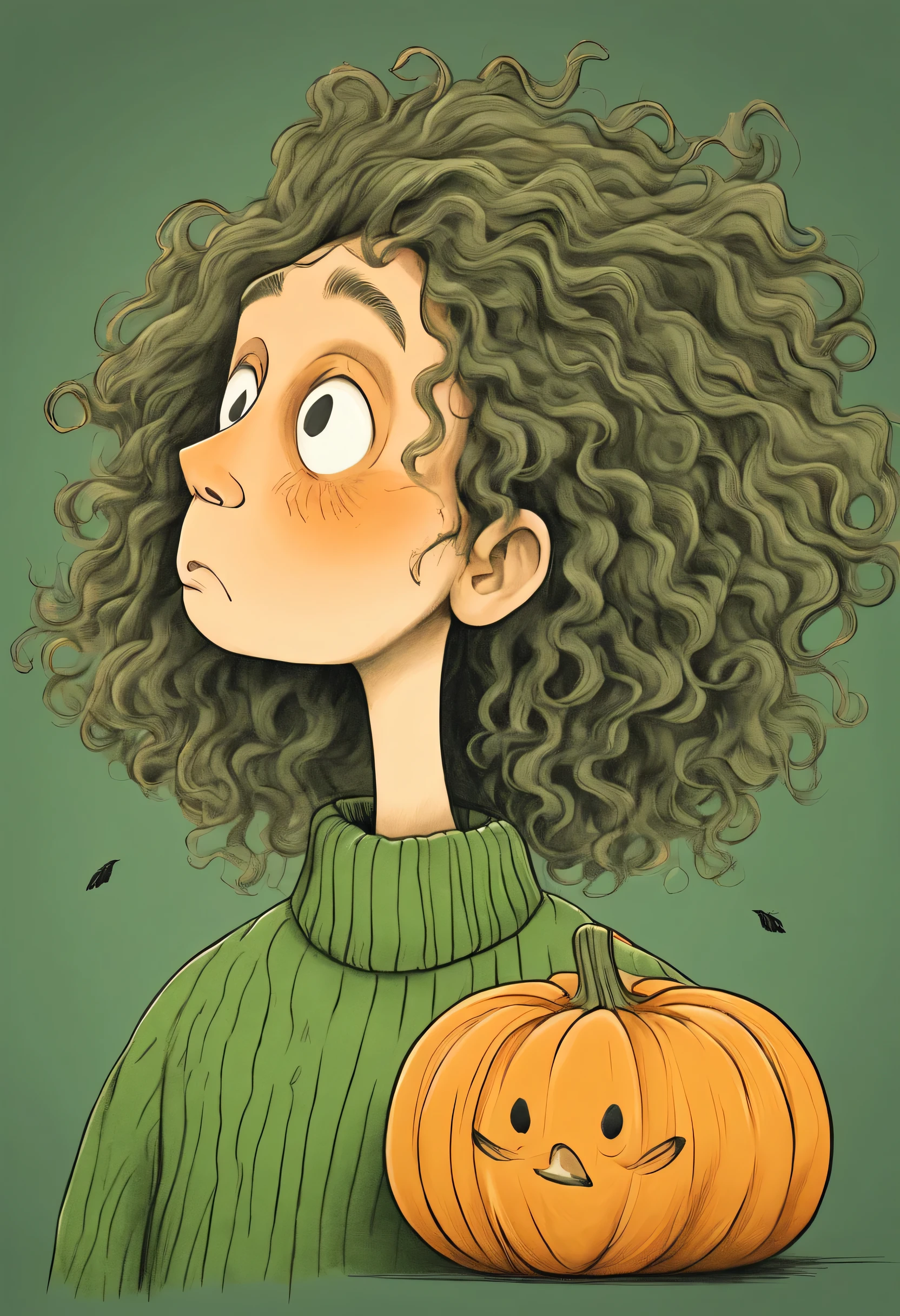 Pumpkin head，long neck，interesting，Big head，long nose，Hair like a bird&#39;s nest，Nonsense，Green sweater，Long curly hair，clean background，hand drawn style，，pencil drawing，Lovely，smooth lines，clean screen