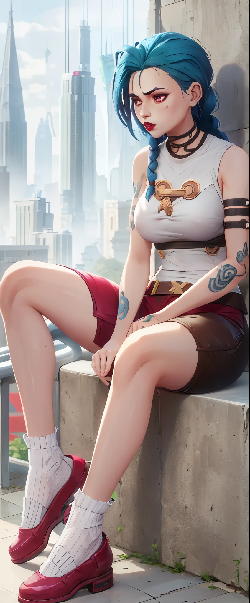 1 girl, arm tattoo, asymmetrical Bangs, Bangs, blue hair, braid, brown shirt, cloud tattoo, looking at the audience, lol, crazy, 无法控制的lol声, crazy样子, night, City, green hair, long hair, diaphragm, pink eyes, red lips, shirt, alone, permanent, tattoo, twin braids, Upper body, arcane doom, doom \(League of Legends\)