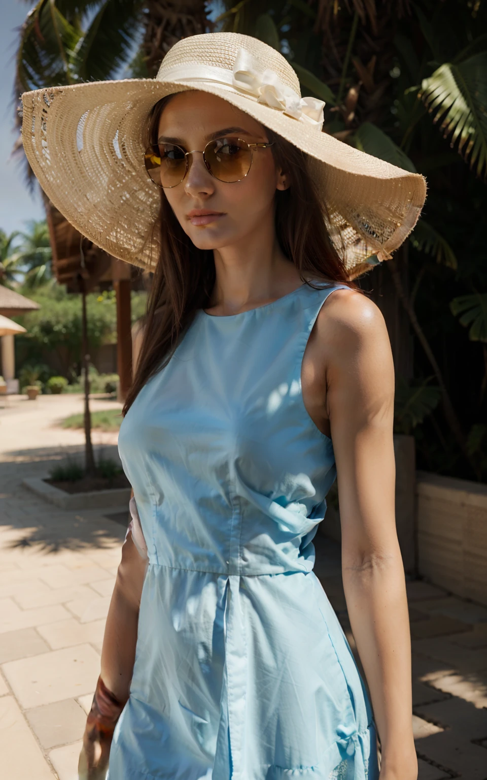 A tall female model in a beautiful dress that covers most of her body and hat with sun glasses posed for a photo shoot while looking at the camera.