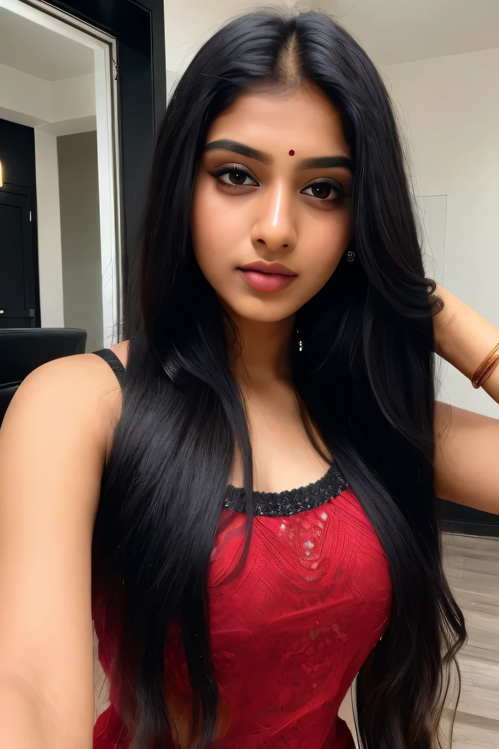 A beautiful Indian 21girl, long hair, black and red hair, Instagram model, waistup shot, no makeup