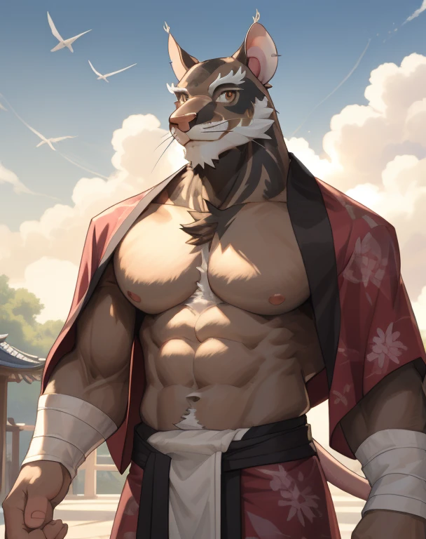 Splinter,mouse,male,adult,alone,4K,best quality,full-body shot,,looking at the audience,Show muscles,hairy body,Upper body exposed,bared  chest, Hairy chest,Slim figure,slim body,Tail, Six-pack abs, biceps, 弯曲biceps, anatomically correct,Delicate fur,pride,soft shadow,white loincloth,majestic,Detailed face,High quality eyes,brown eyes,black pupils,Sharp eyes,Grandiose,Valiantary,Smile confidently,Strong,mature,kimono,Blue sky and white clouds,The sun shines,dojo background