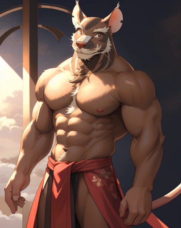 Splinter,mouse,male,adult,alone,4K,best quality,full-body shot,,looking at the audience,Show muscles,hairy body,Upper body exposed,bared  chest, Hairy chest,Slim figure,slim body,Tail, Six-pack abs, biceps, 弯曲biceps, anatomically correct,Delicate fur,pride,soft shadow,white loincloth,majestic,Detailed face,High quality eyes,brown eyes,black pupils,Sharp eyes,Grandiose,Valiantary,Smile confidently,Strong,mature,kimono,Blue sky and white clouds,The sun shines,dojo background