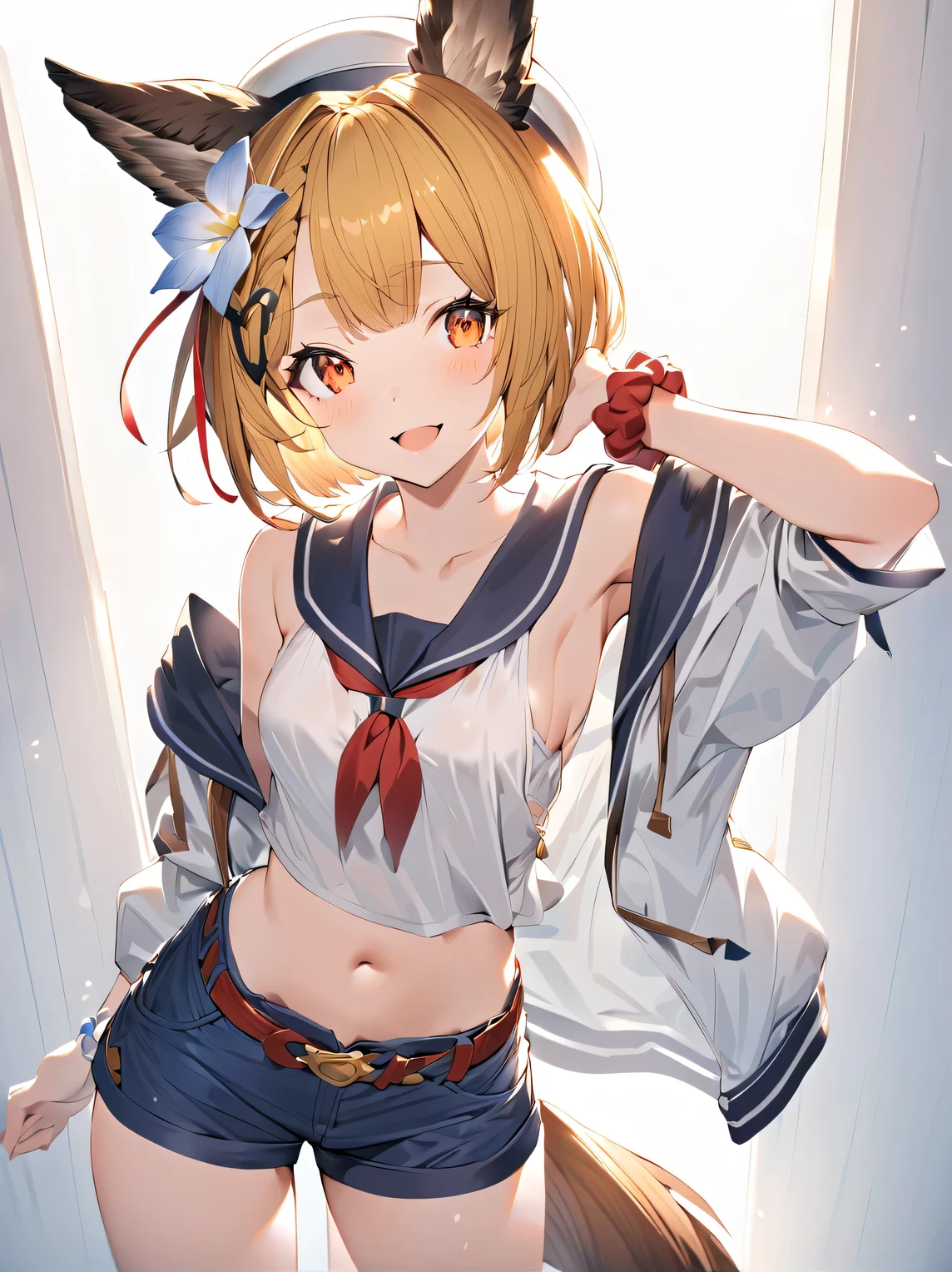 1 girl oil_(summer)_(Grabble_fantasy) animal_ears bare_Shoulder belt blue_shorts blush chest cowboy_shot dog_Eared dog_Female dog_tail erune flower hair_flower hair_ornament hin jacket looking_in_The viewer's belly button is out of place._shoulder official_alternine_costume open_mouth orange_eyes sailor_collar Scrunchie shirt short_Simple Hair Shorts_background sleeveless sleeveless_shirt very_small_Chest Smile Solo Tail White_background white_Hat White_jacket white_Shirt wrist_Scrunchie, masterpiece, highest quality, 8K,illustrinion,(detailed lighting),UHD, Anime Skins