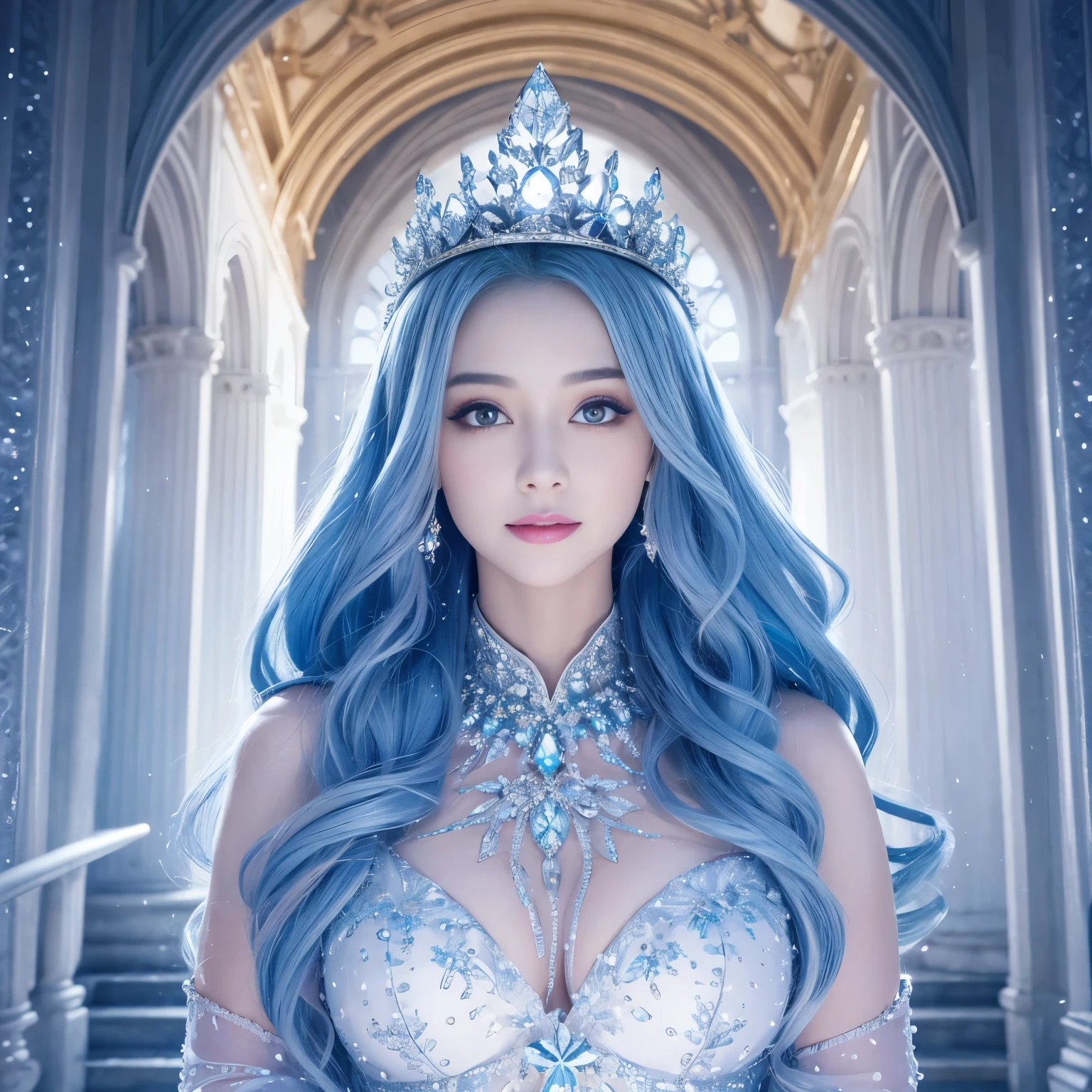 ((highest quality、table top、8K、best image quality、extremely complex and detailed depiction))、one snow princess、(The most detailed and luxurious shining ice palace cathedral:1.2)、(Inside a huge palace made of the most fantastic ice and crystals:1.2)、(The most fantastic cathedral made of intricate glowing ice:1.2)、(A palace made of intricately shining transparent ice:1.2)、Elegant palace pillars made of ice and crystal、(A symmetrical composition from the front:1.2)、palace decorated with jewels、Inside the symmetrical palace、very romantic、sacred and mysterious palace、(Filled with a fantastic light blue light:1.1)、Beautiful shining crystal、The most luxurious and highest quality giant tiara、The most luxurious and highest quality giant necklace、big and full breasts、skin as white as snow、glowing skin、(A glittering silver-white jeweled dress of the highest quality:1.1)、Elegant and beautiful pure white snow dress、elegant decoration、Diamond Decoration、artistic decoration、Luxury beyond imagination、The most gorgeous decorations in the world、skin as white as snow、Pure white makeup、glowing skin、Dresses that shine in silver、jewelry embellishments、Luxury beyond imagination、The most gorgeous decorations in the world、Diamond dust、The most realistic and complex backgrounds、Highly detailed and realistic background、the best smile when you look at me、shining snow is falling、(Princess upper body photo:1.1)、(blurred background:1.1)、(Filled with fantastic, fairy-tale lights:1.1)、beautiful silver blue hair、slightly pregnant、epic movie lighting、Natural forehead、Complex and detailed background、the most subtle fantastic brilliance、Backgrounds with depth