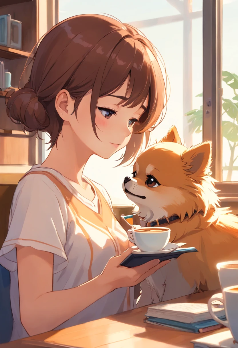 sticker, Young girl having coffee with her little pomeranian puppy, drooping ears, teacup puppy size, two puppies pomeranian, Profile of a young girl reading a book, overview, vector, white outline, coffee shop