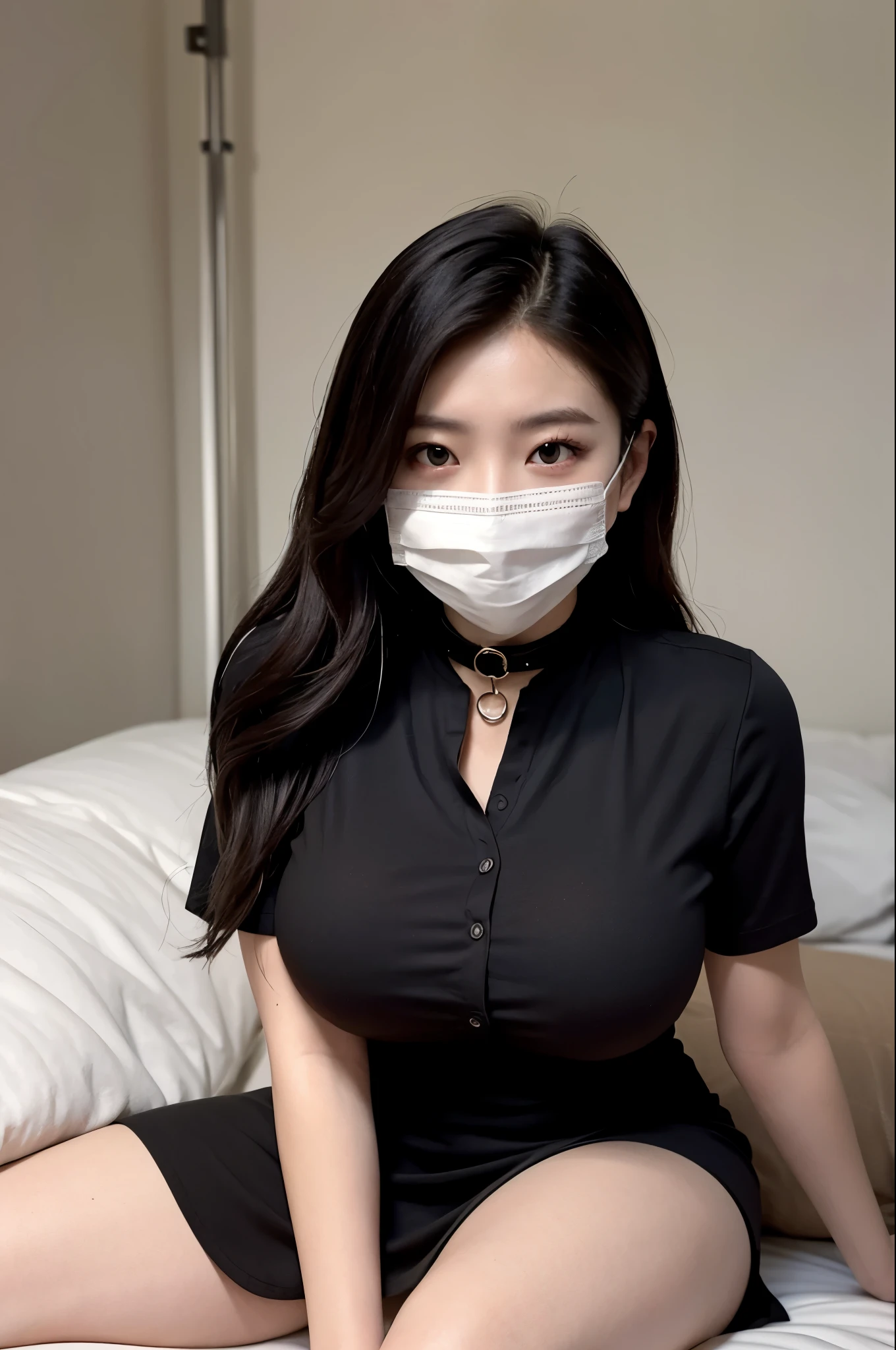 arafed woman in a black shirt and a white mask, wearing mask, wearing a mask, wearing facemask, one single mask, no face mask, surgical mask covering mouth, medical mask, mask, wearing collar, wearing all black mempo mask, masking, facemask, face mask, 8k)), huge breasts、white mask, wearing collar on neck, partially masked、((black calf length dress))