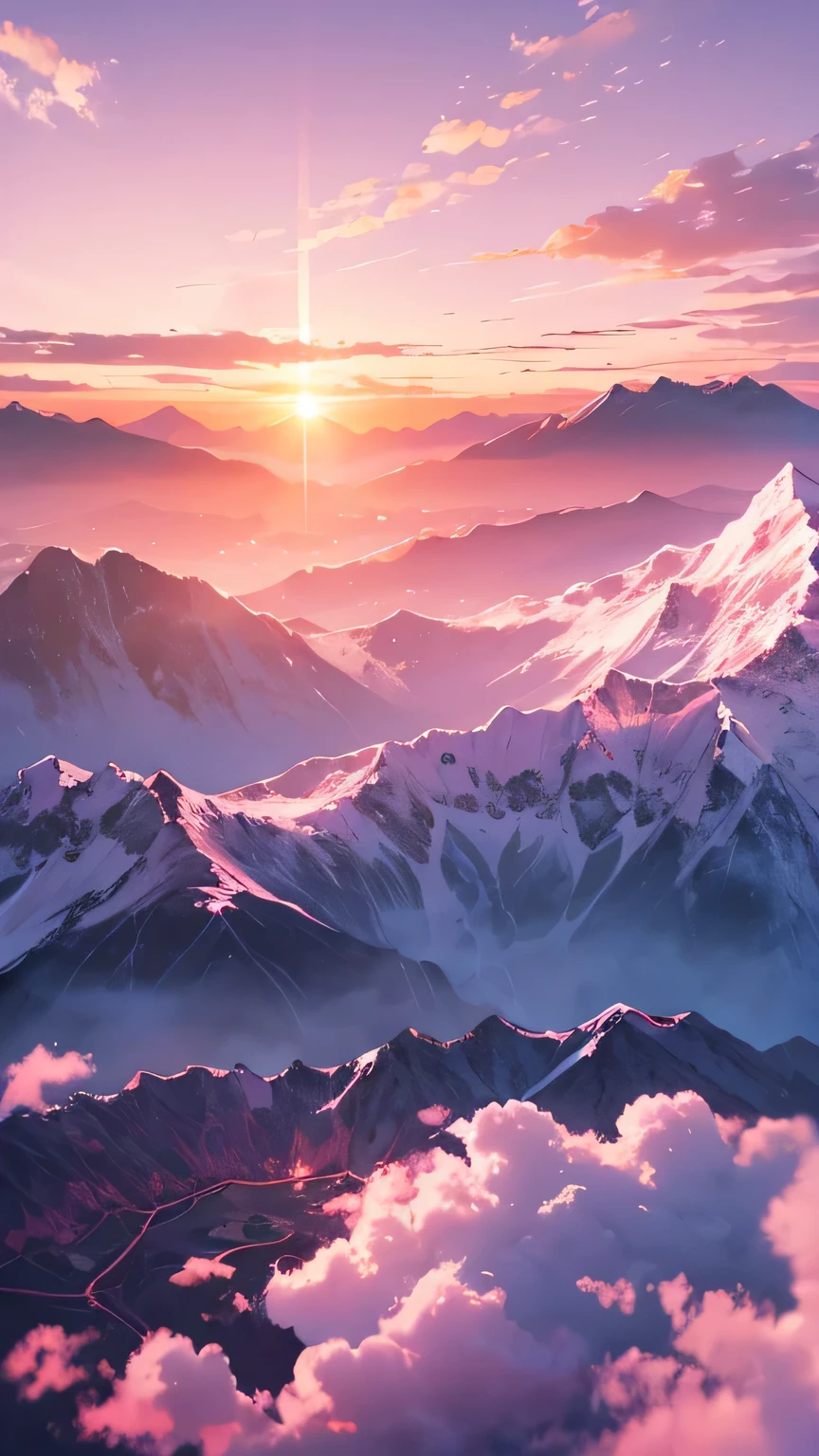 dreamy pink sky，There are mountains、nobody