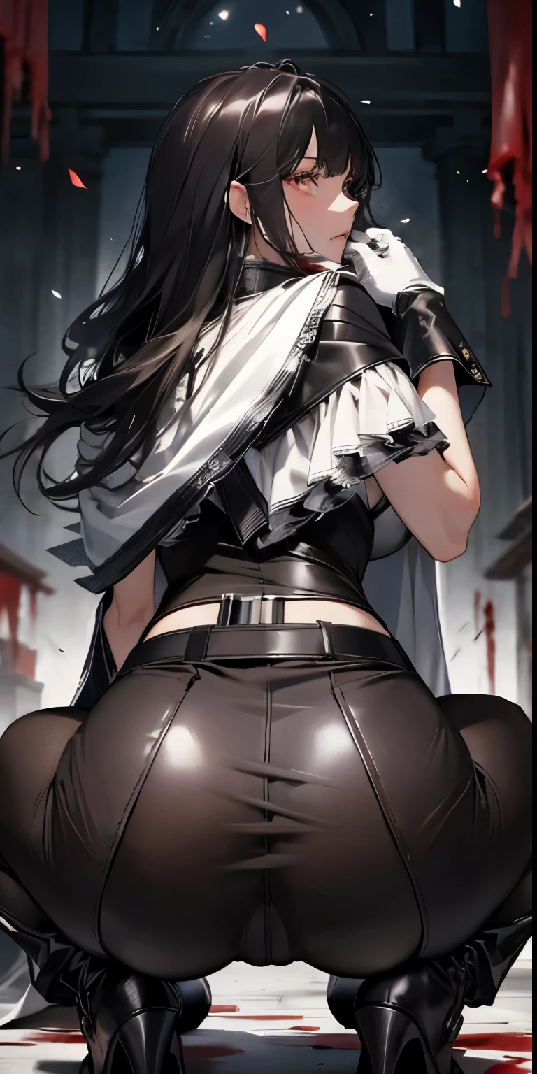 最好of品质、A thriller masterpiece,High gloss dark style,衣衫褴褛of女人背影,Black-white-gray drawing,Blood-colored moonshine,绝望of视觉冲击,hands open,like embracing the sky,愤怒of表情,The ground is covered with blood,Death is imminent,伦敦of尽头,Bell tower chain,blood white cloak,White gloves,gear,death flower,of,back view,butt close-up,Cock your ass,Glow ass,tight leather pants,The butt is facing the camera,view from behind,Squat down and spread your legs,Pulling urine