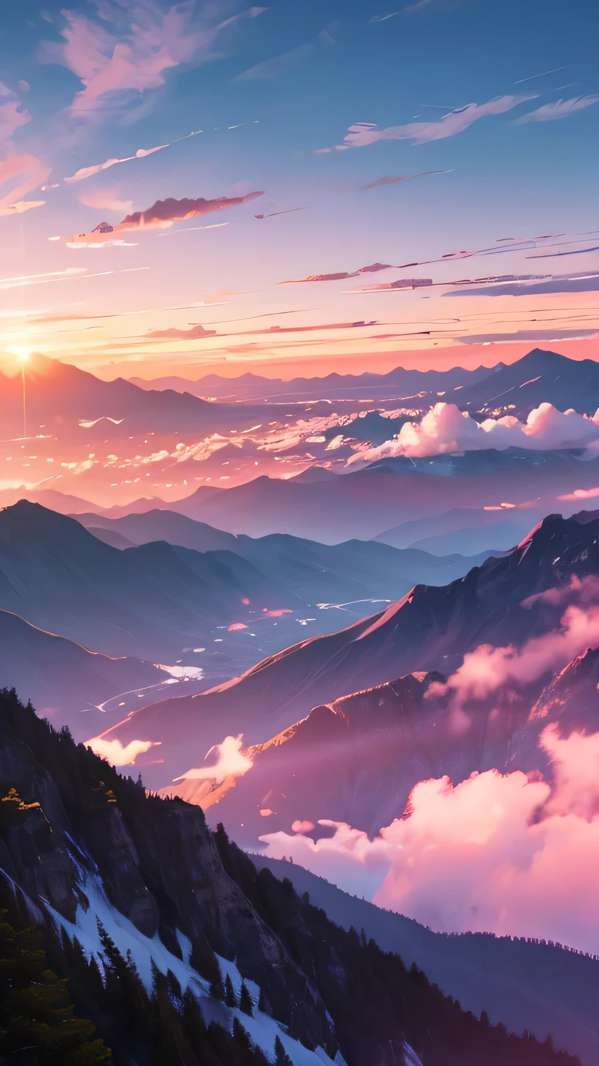 dreamy pink sky,There are mountains、nobody