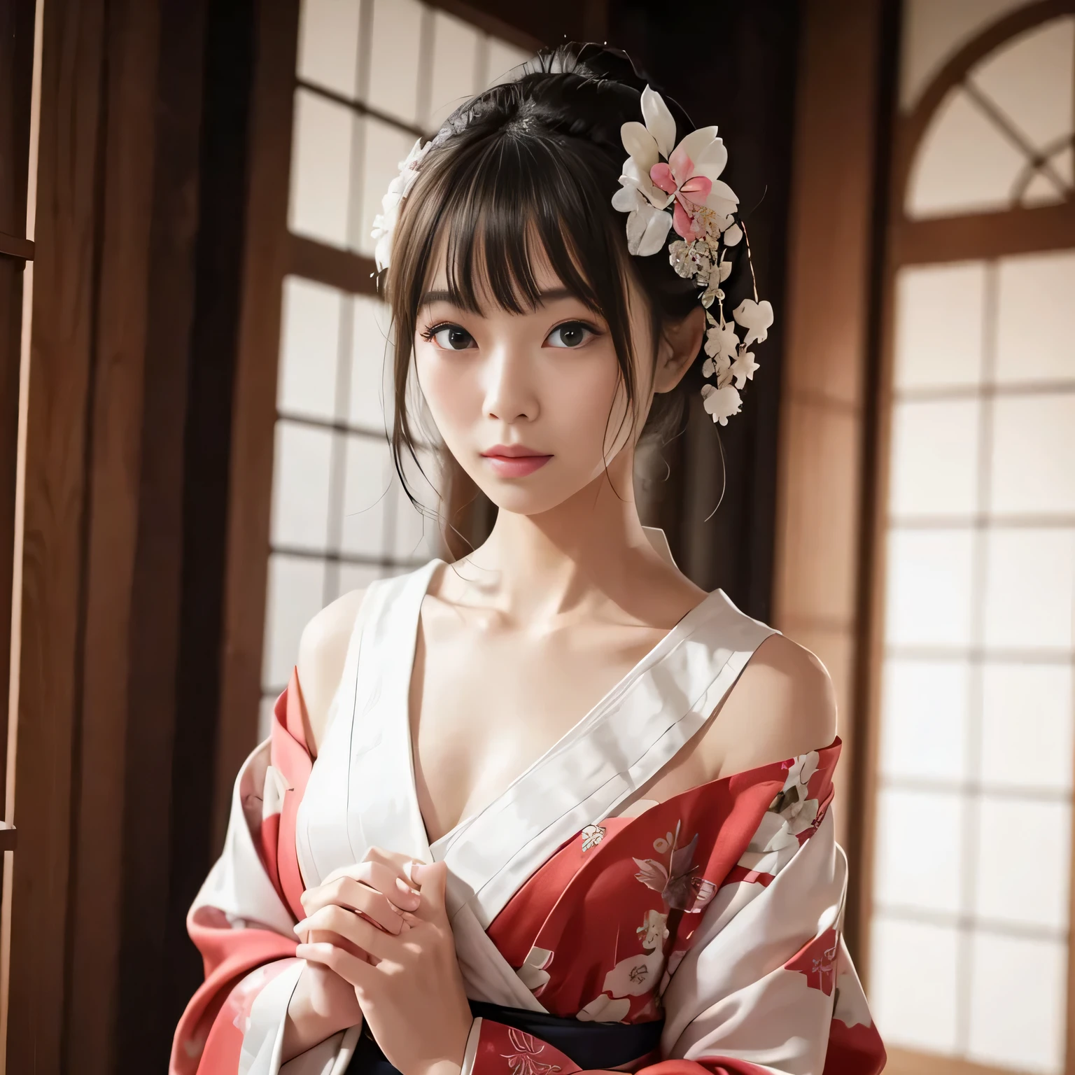(1 girl:1.3),alone,japanese woman、idol face、cute、body parts, official art、Unity 16k壁紙、my chest is open、The kimono shifts and the shoulders are visible.、Super detailed、perfect anatomy、beautiful limbs、(masterpiece、highest quality)、 kimono、silk robe、Origami spells、grace、disturbed、Bust top、The kimono is up to the waist.、Hiding the chest with hands、dimly lit mansion,scent of eros、