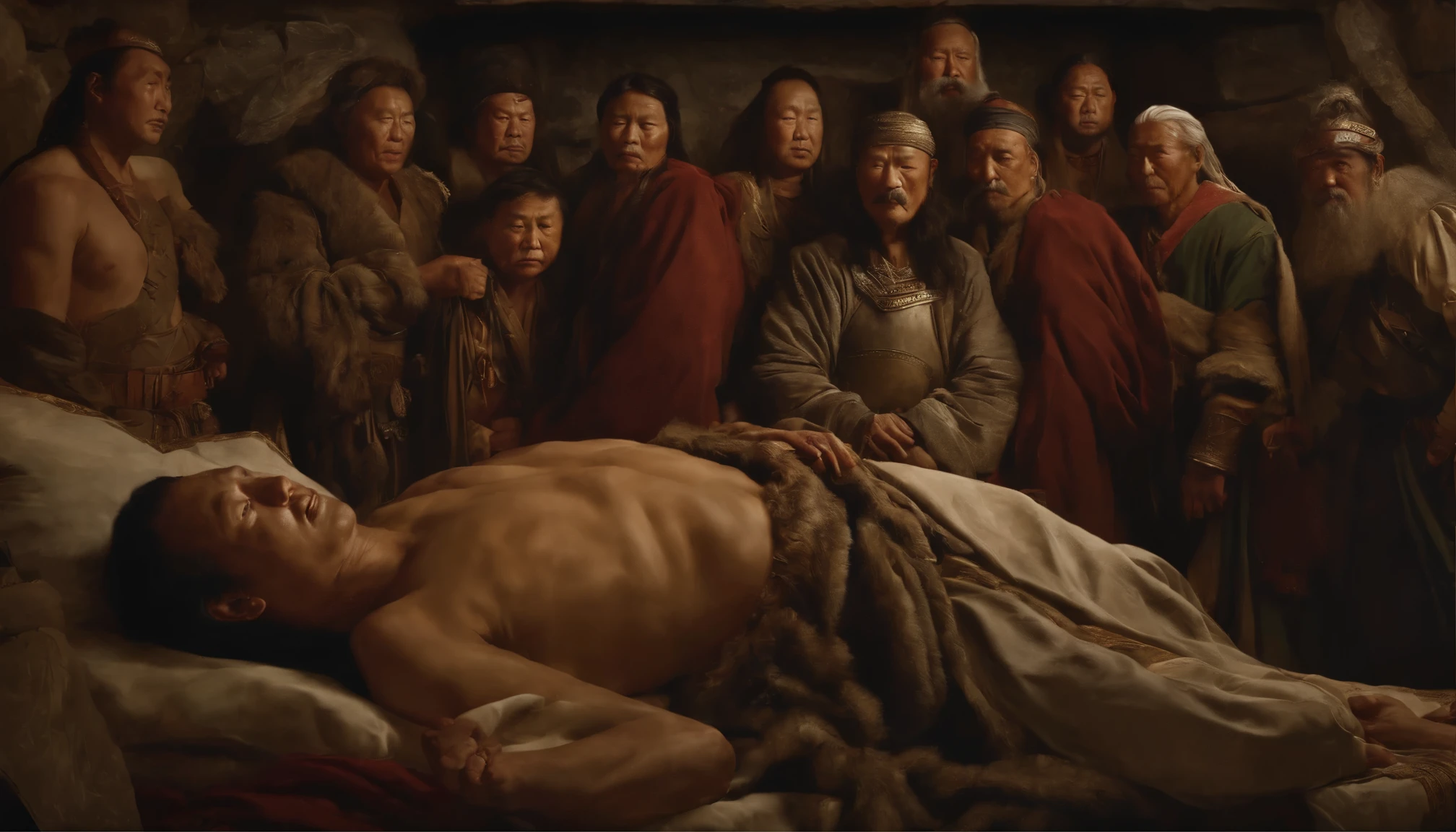 At the moment of his passing, a frail Genghis Khan lies on his deathbed surrounded by loyal subjects. This captivating painting portrays the Mongolian conqueror in his final moments, his once formidable frame now reduced to a mere shell of its former glory. Wrinkled and aged skin clings to his weathered bones, revealing the countless battles he waged throughout his life. The artist skillfully captures the exhaustion in his eyes, a gaze that reflects both the weight of his accomplishments and the toll it took on him. With every stroke of the brush, the image preserves the indomitable spirit and legacy of this legendary warrior, ensuring that his story will forever be etched in history.