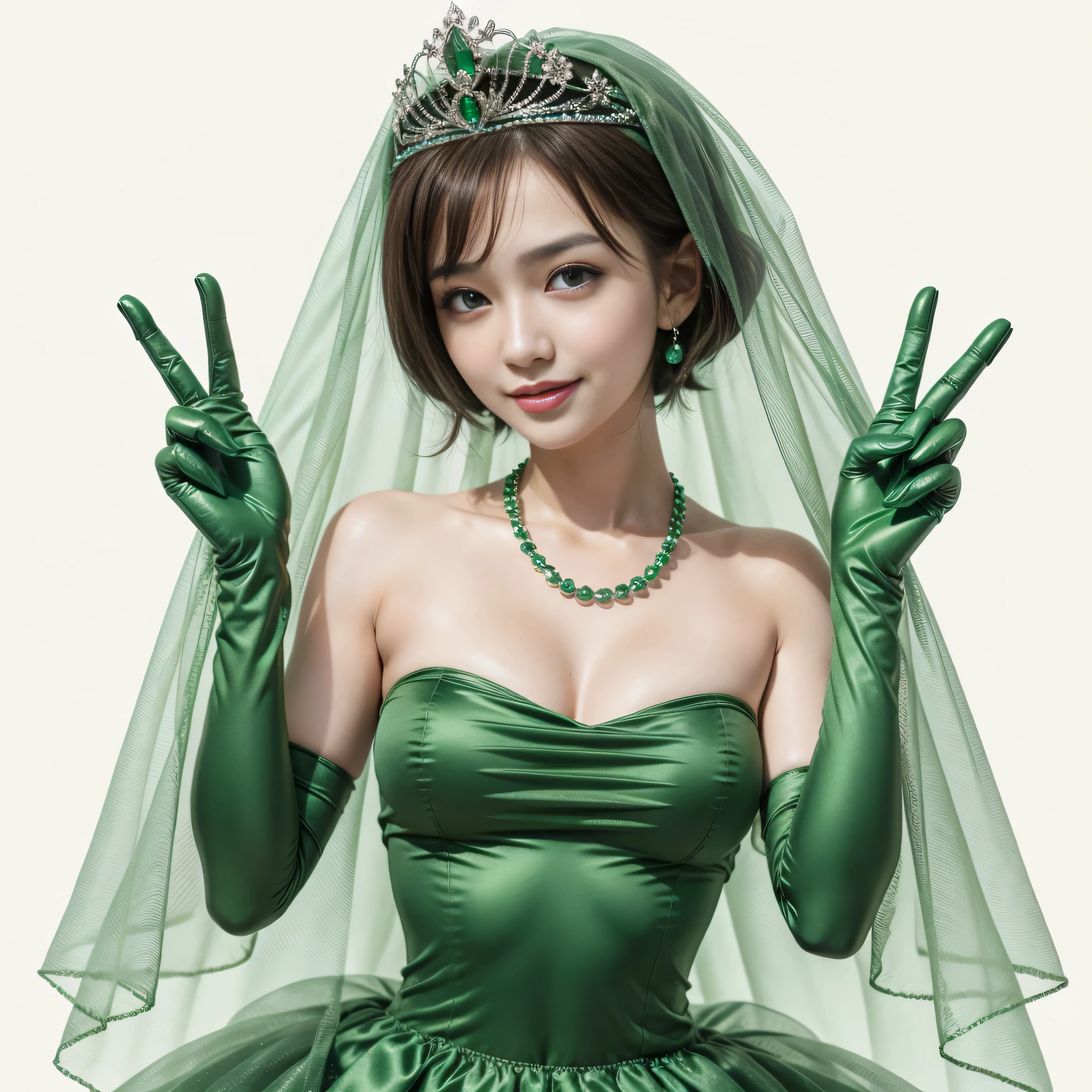 emerald tiara, green pearl necklace, boyish very short green hair, lipstick, smiling Japanese woman, very short hair, big breasts beautiful, green eyes, Long Green Satin Gloves, green eyes, V sign, emerald earrings, green veil, green lip gloss