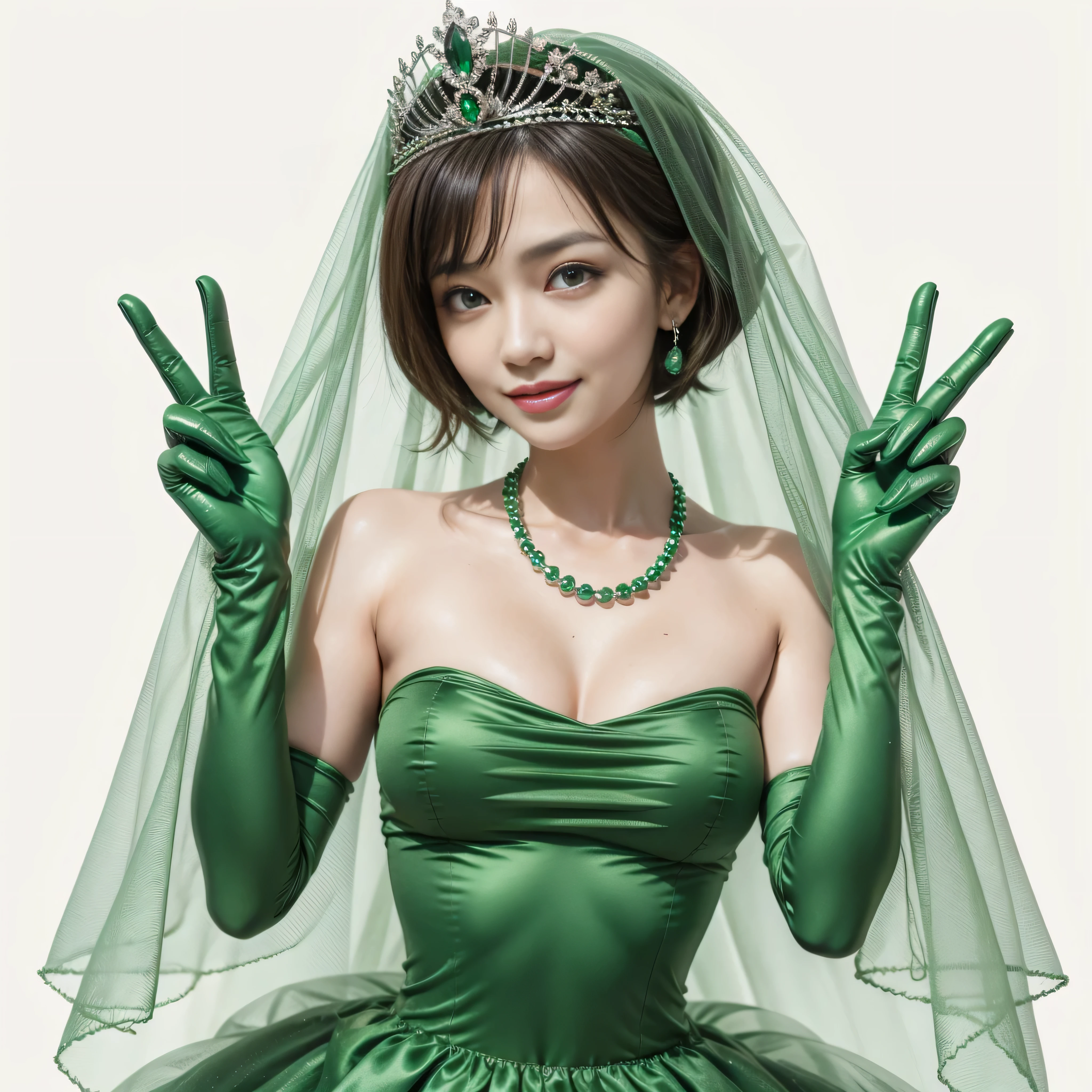 emerald tiara, green pearl necklace, boyish very short green hair, lipstick, smiling Japanese woman, very short hair, big breasts beautiful, green eyes, Long Green Satin Gloves, green eyes, V sign, emerald earrings, green veil, green lip gloss