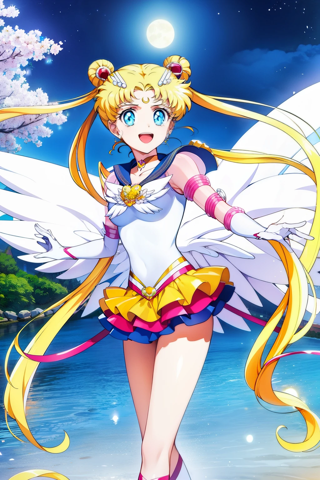 1 girl, eternal sailor moon, night sky, cherry blossoms, detailed face, face focus, shiny skin, smile, game CG, turin water, near sky, moonlight, moon, (wings 1.5), white gloves, whole body
