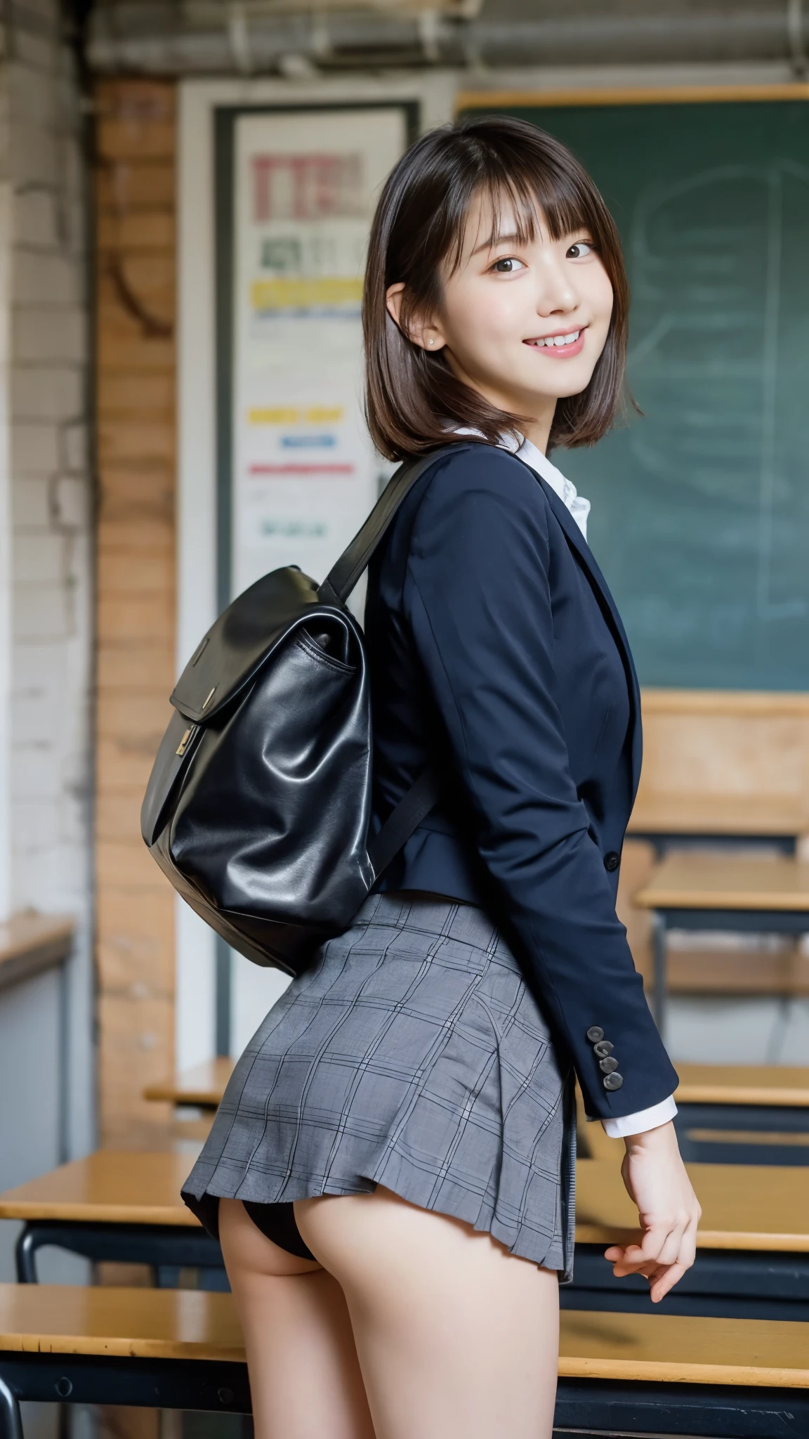 Stand in the classroom of school2fashi-girl,red tie uniform,Dark Blue Closed Blazer,Blue plaid mini skirt,18-year-old,bangs,a little smile,thighs,knees,from below,random pose,pretty girl,slender girl,white panties,blonde with short cut,Side waves with a short cut,Carrying a black rucksack,