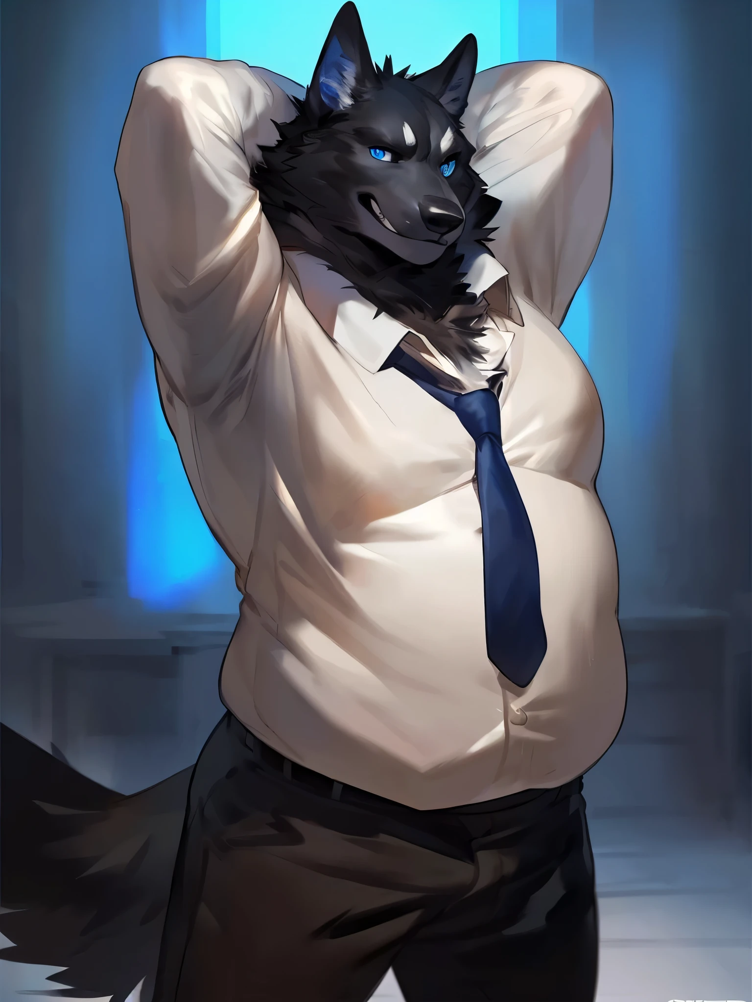 By bebebebebe, by taran fiddler, by darkgem, solo, male, standing, wolf, smirking, black fur, rape face, ((detailed blue eyes)), muscular, alightly chubby, (hands behind head), looking at viewer, (suit, tie), intimidating,