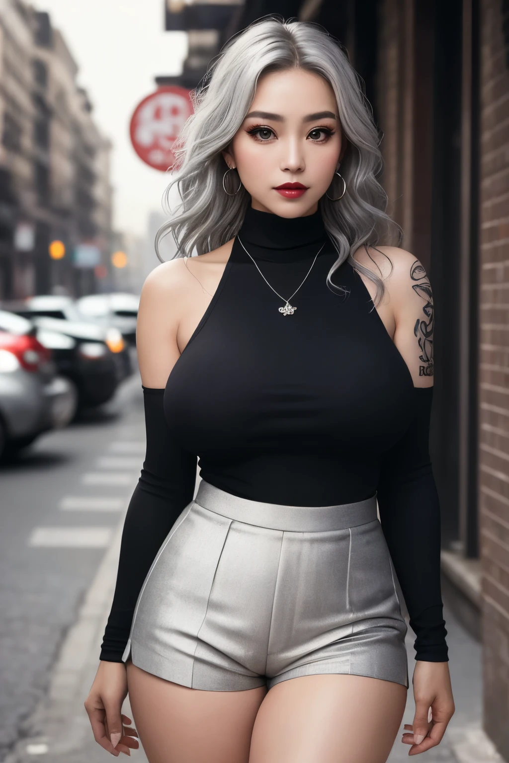 Sexy old aunt,epic (photo, studio lighting, glare, Sony A7, 50mm, matte skin, pores, color, Super detailed, hyper-realistic),masterpiece,Light makeup,red lips,silver hair,messy long hair,street background,beautiful,grace。Ultra-fine details,Work,Authentic texture,Realistic lighting,完美的Work,8k,HD,Exquisite facial features,huge breasts,bare shoulders, Sexy tight turtleneck top,bow tie,pleated skirt, Sexy skinny shorts,slim figure,Sexy and charming pose,big bright eyes,,earrings,necklace,tattoo is