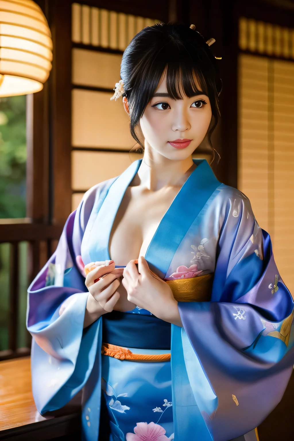 (1 girl:1.3),alone,japanese woman、idol face、cute、body parts, official art、Unity 16k壁紙、my chest is open、The kimono shifts and the shoulders are visible.、Super detailed、perfect anatomy、beautiful limbs、(masterpiece、highest quality)、 kimono、silk robe、Origami spells、grace、disturbed、Bust top、The kimono is up to the waist.、Hiding the chest with hands、dimly lit mansion,scent of eros、