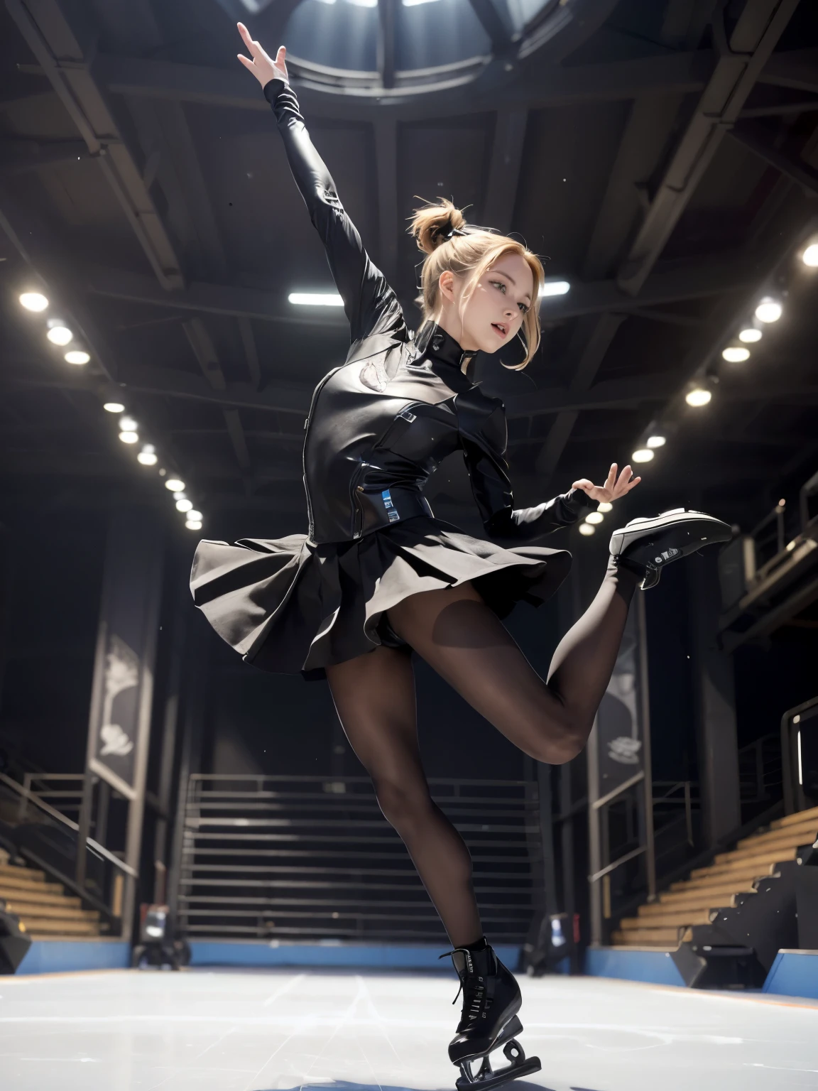 araffe woman in a black outfit is performing a trick on a skatrink, dynamic skating, in an action pose, ( ( emma lindstrom ) ), cold as ice! 🧊, she is floating in the air, an artistic pose, perfect dynamic pose, perfect dynamic posture, in a jumping float pose, triumphant pose, she expressing joy