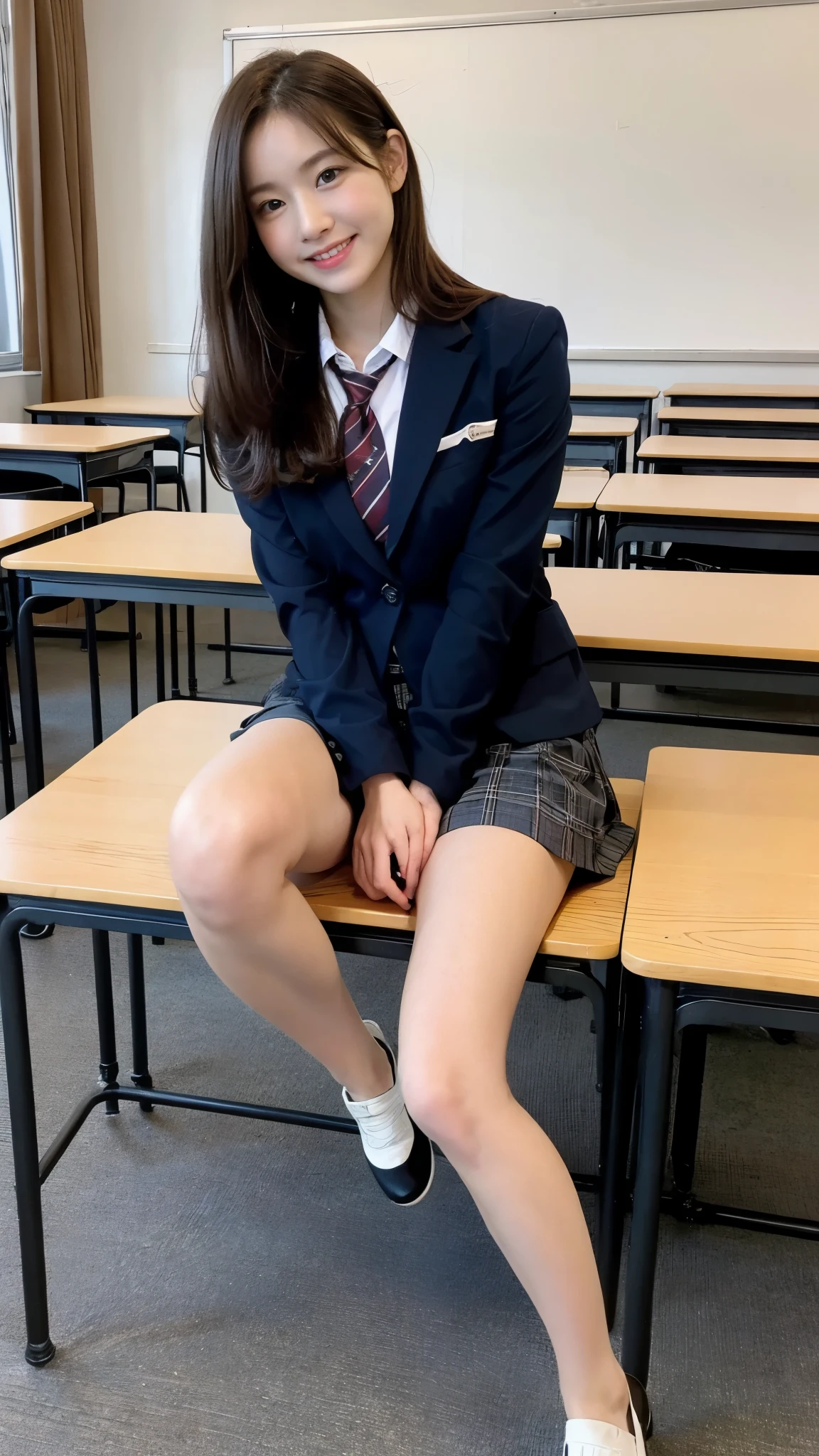 学校の教室に立つ1人のpretty girl,Red Tie Uniform,Dark Blue Closed Blazer,blue plaid miniskirt,18-year-old,Brown hair short cut with side waves,best smile,thighs,knees,random pose,pretty girl,slender girl,I'm sitting on a desk in the classroom with my legs apart.,My skin is beautiful,wear black loafers,natural makeup,The skirt is turned up a little,