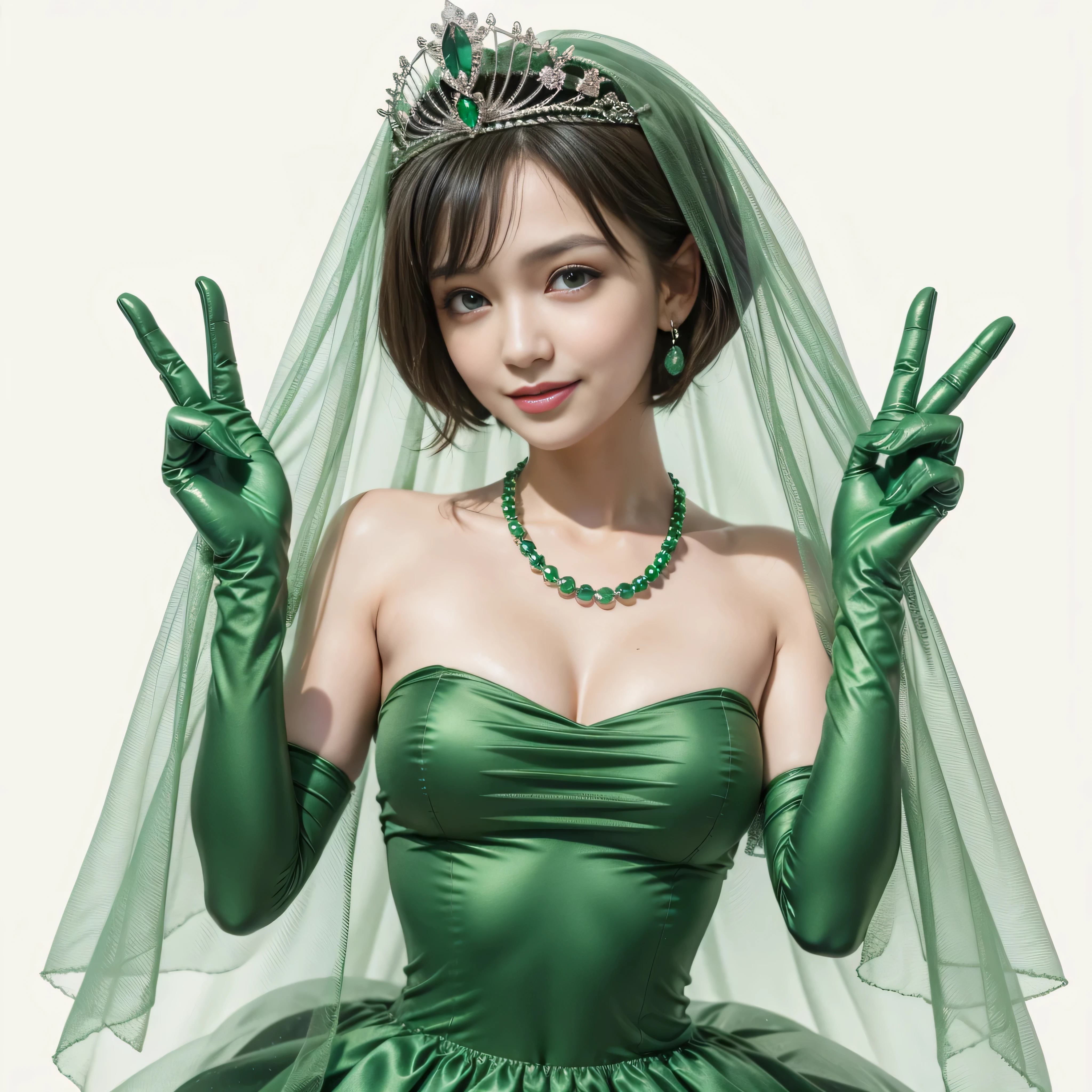 emerald tiara, green pearl necklace, boyish very short green hair, lipstick, smiling Japanese woman, very short hair, big breasts beautiful, green eyes, Long Green Satin Gloves, green eyes, V sign, emerald earrings, green veil, green lip gloss