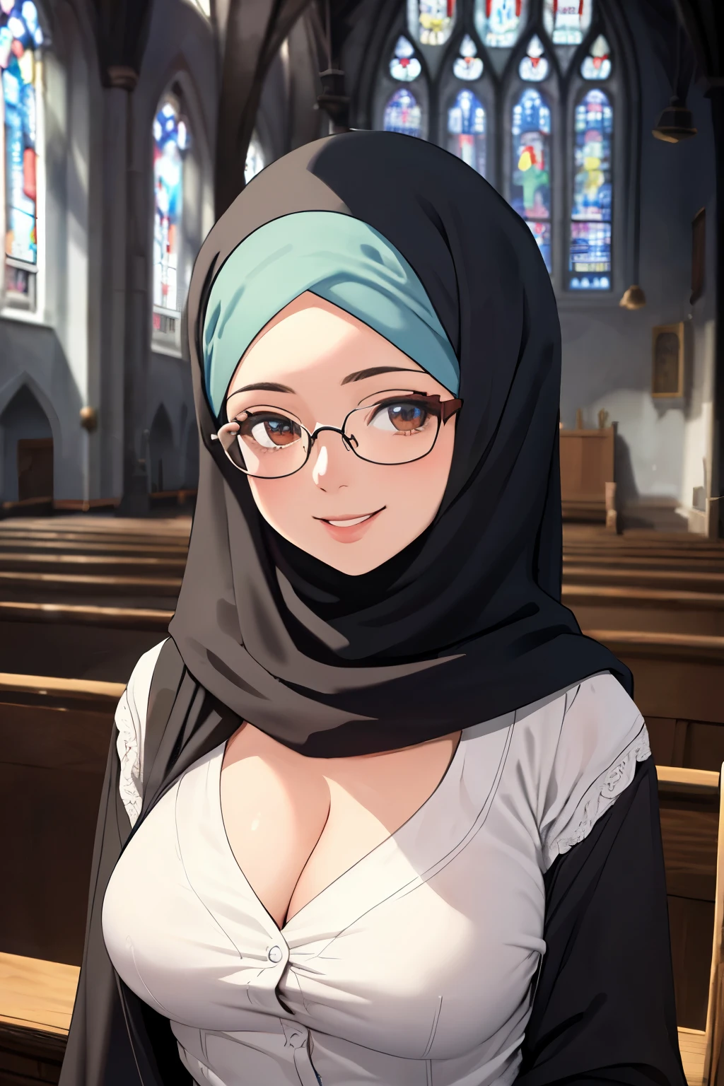 glasses, church, hijabi, cleavage, (best quality, masterpiece, RAW photo,ultra-detailed:1.2), 1girl ,looking at viewer, smile,;D,
