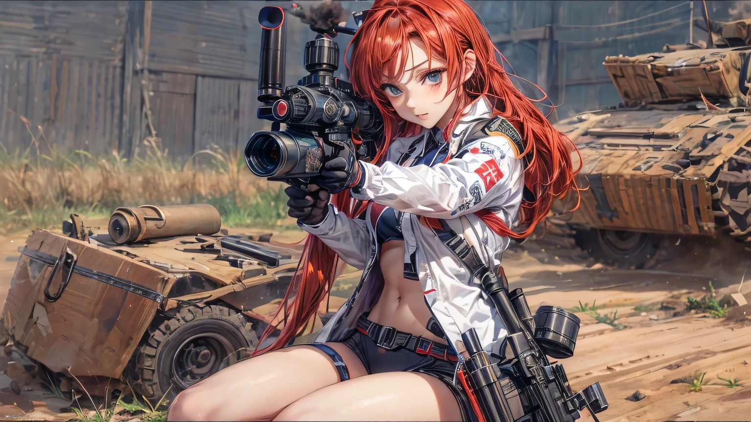 4K, ((very delicate)), realistic, high resolution, 1 woman, alone, thick thighs, big bust, super super big, (detailed face),red hair, long hair, bikini, nurse uniform, stockings, future battlefield background, (Highly precise))Girl aiming a cyber rifle using a scope, 25 years old, Sitting posture with legs slightly apart and looking forward, in front of her, Close-up from face to waist,